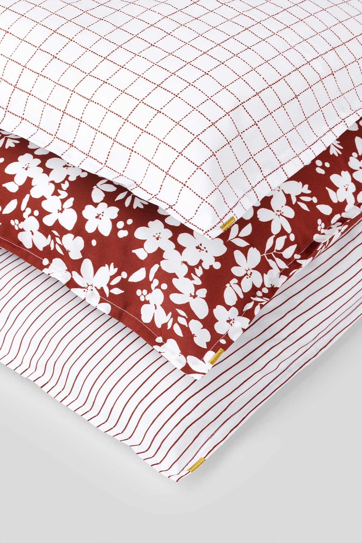 taie d'oreiller en percale de coton bio à carreaux, rayures et fleurs rouille