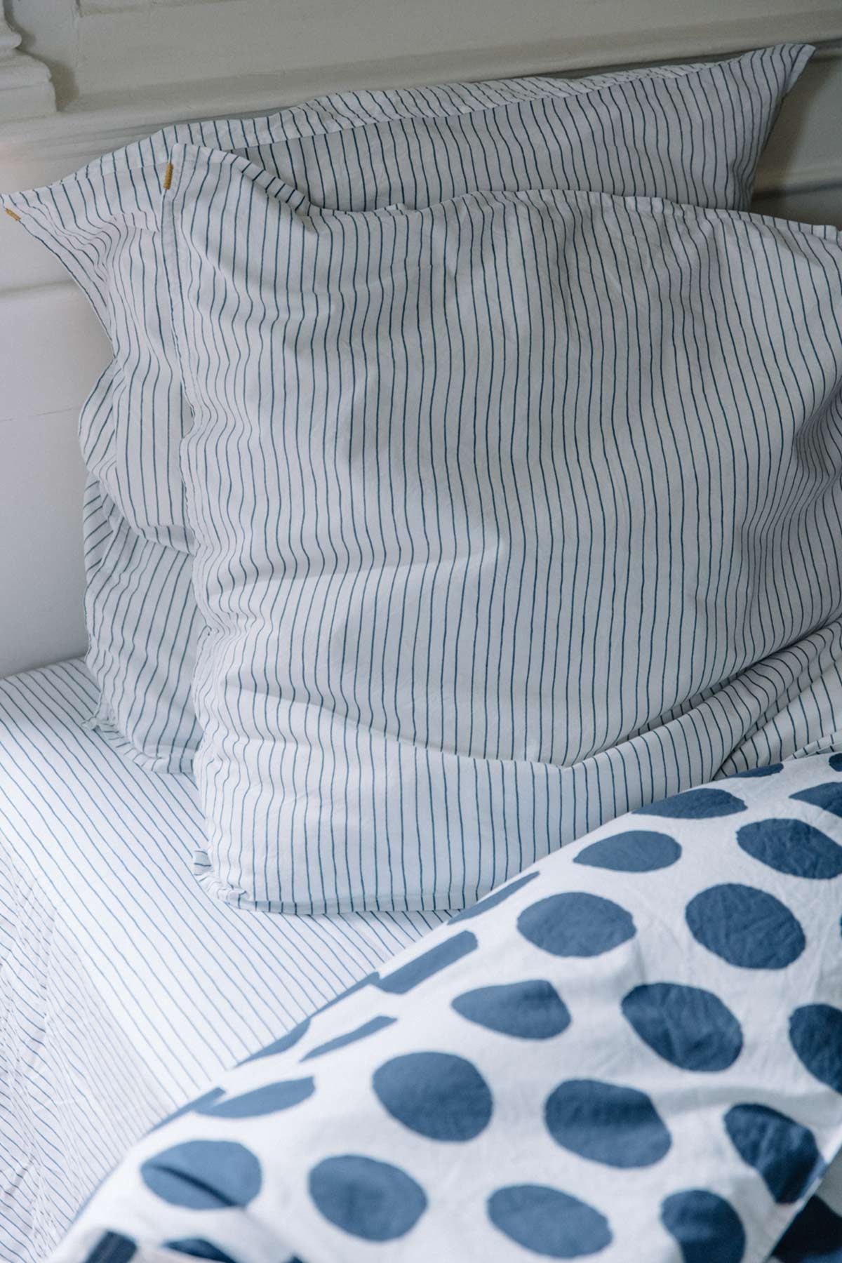 Taie d'oreiller percale de coton rayures bleues Les pensionnaires
