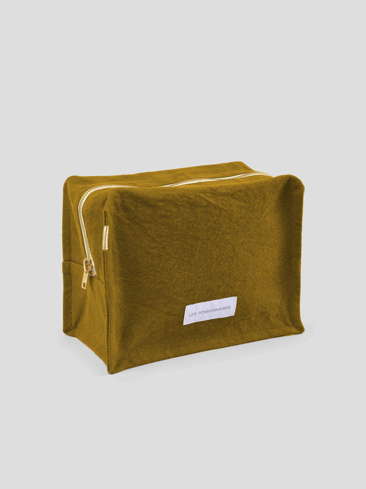 Bronze green cube toiletry bag in thick organic cotton canvas