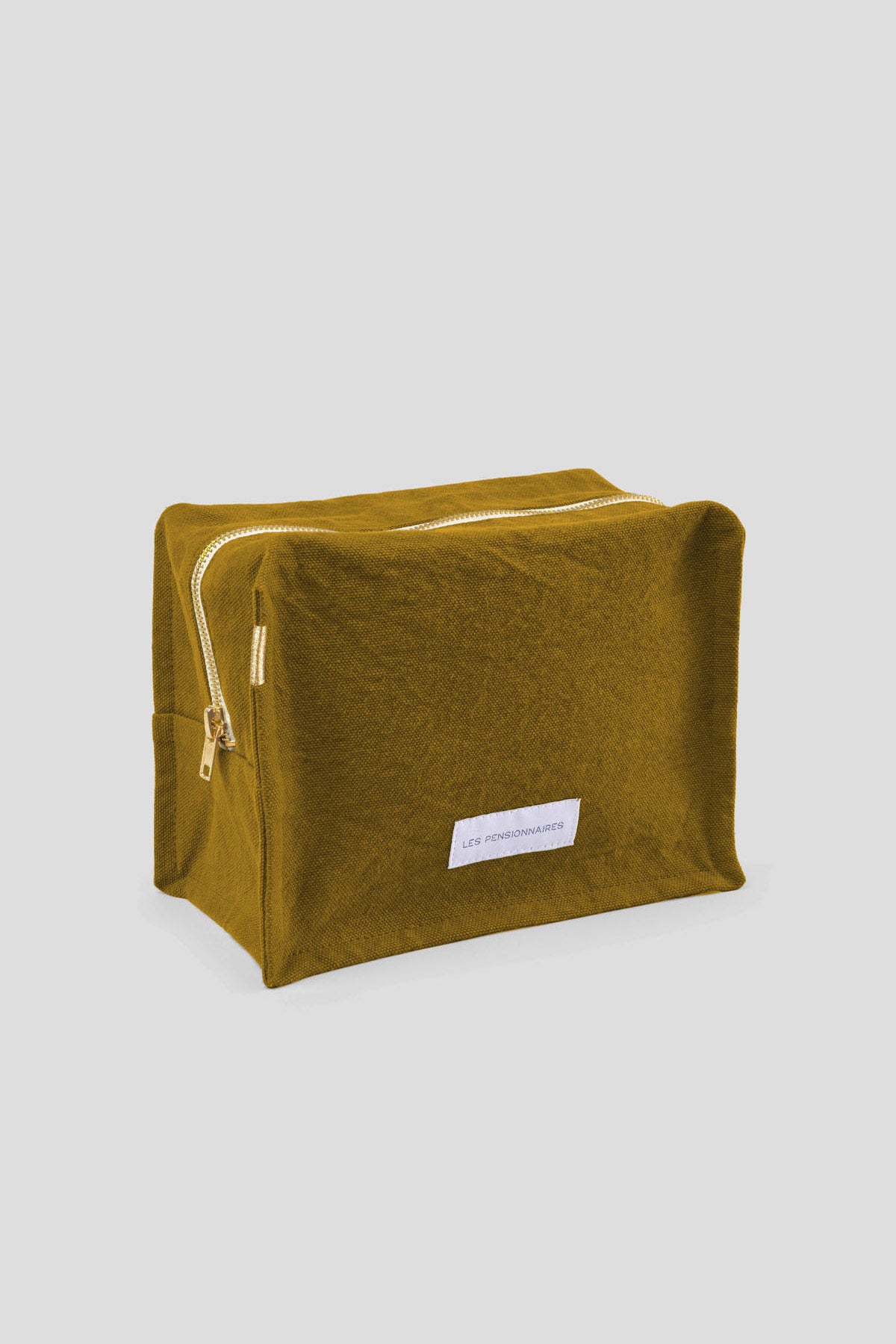 Trousse de toilette cube vert bronze en épaisse toile de coton bio