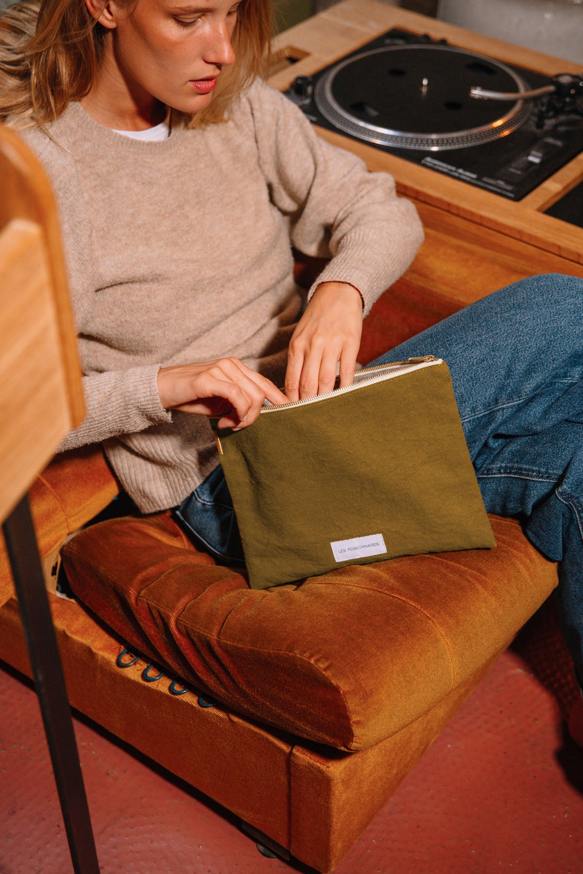 Grande pochette en toile de coton bio vert bronze