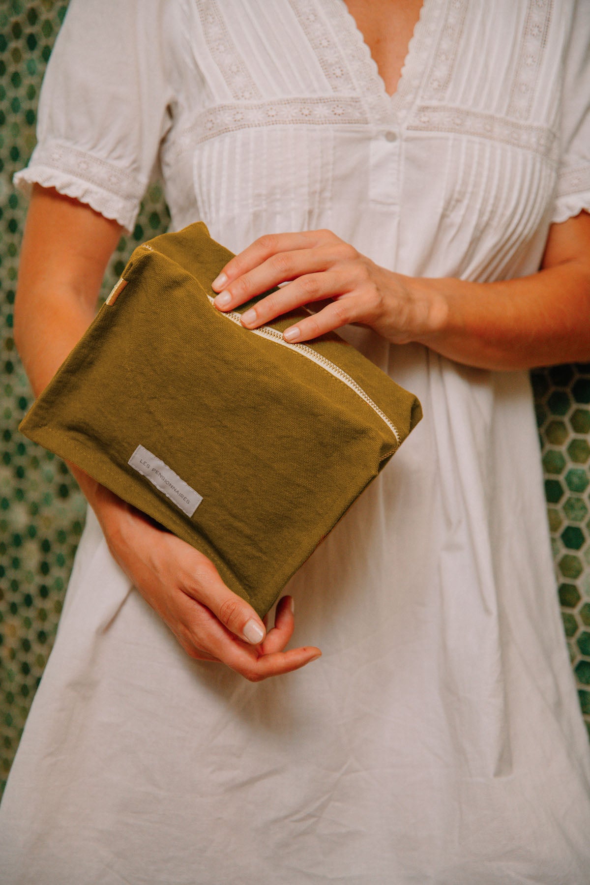 Bronze green cube toiletry bag in thick organic cotton canvas