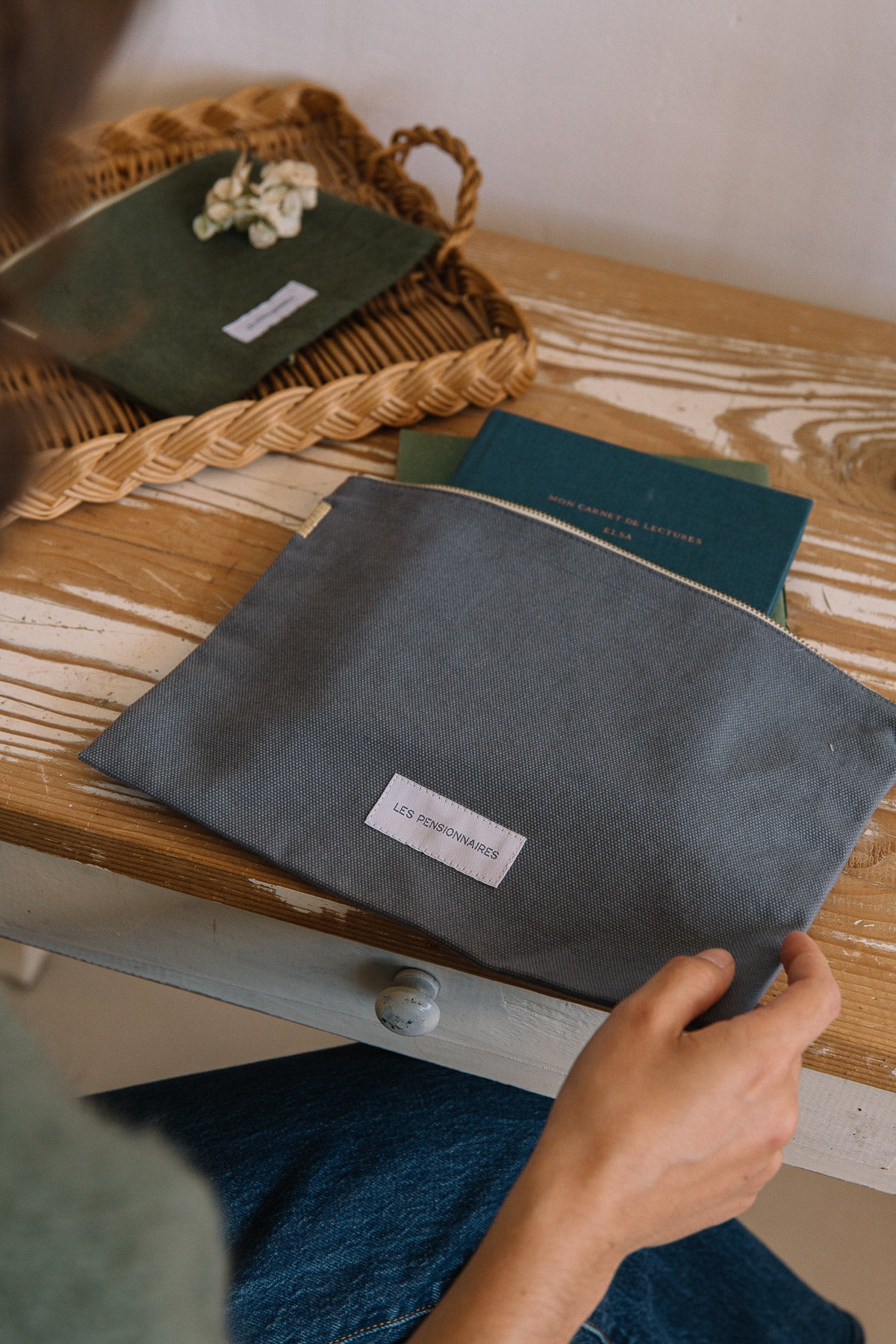 Grande pochette en toile de coton bio bleu horizon