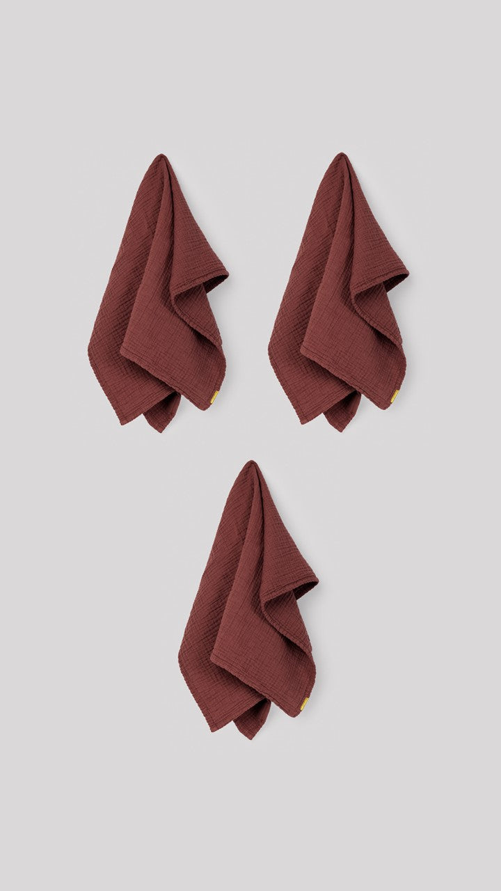 Set of 3 double cotton gauze tea towels Rust red