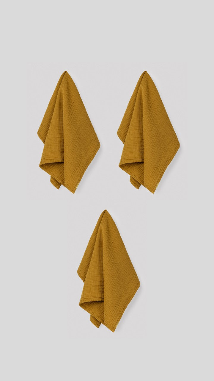 Set of 3 double cotton gauze tea towels Saffron yellow
