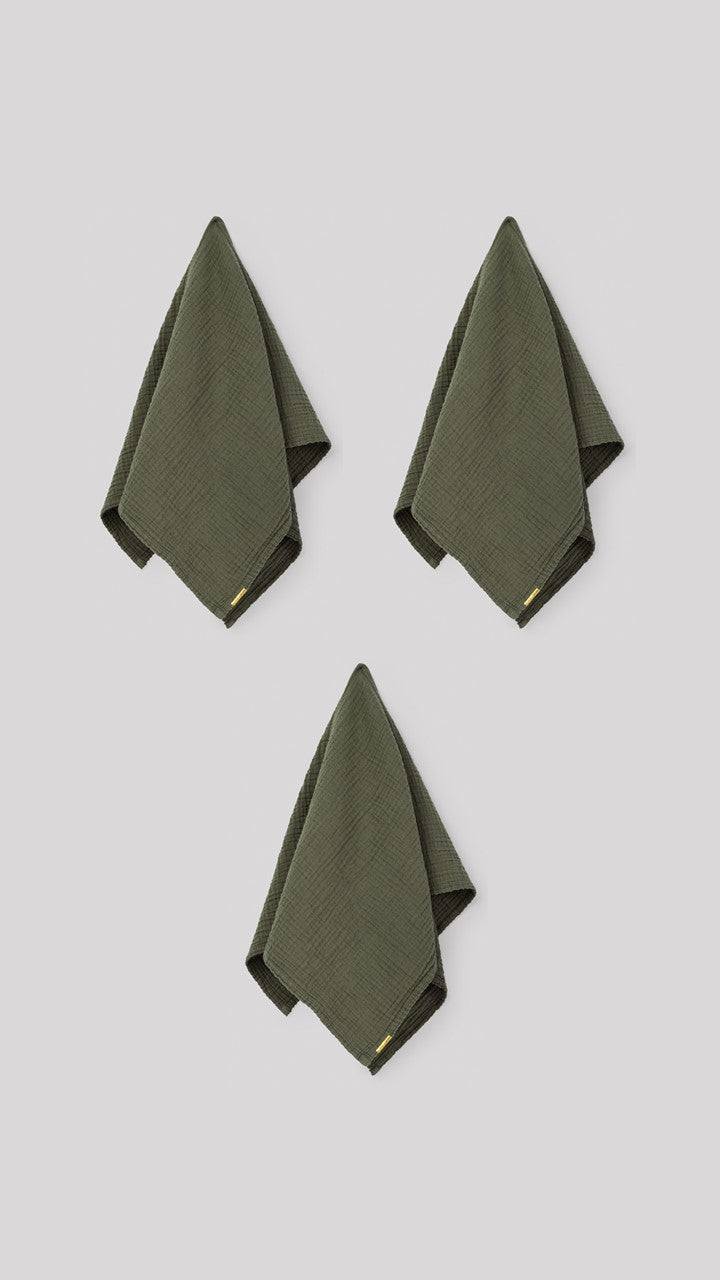 Set of 3 double cotton gauze tea towels Caper green