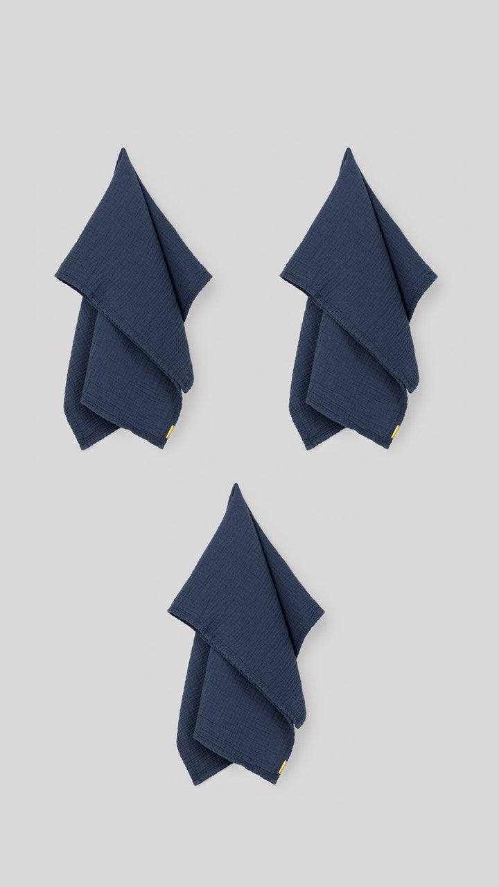 Set of 3 double cotton gauze tea towels Storm blue