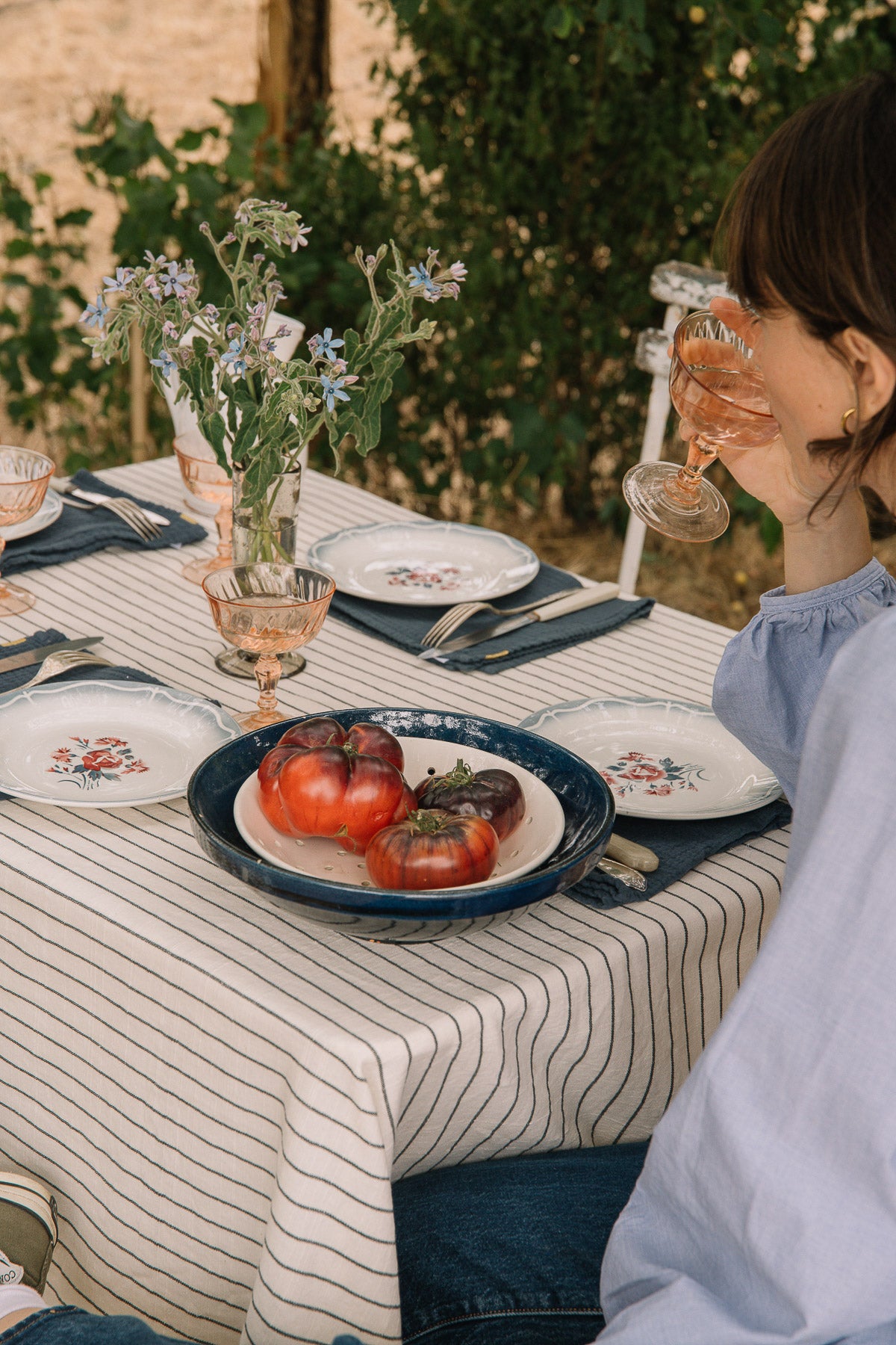 Natural striped tablecloth in slub cotton