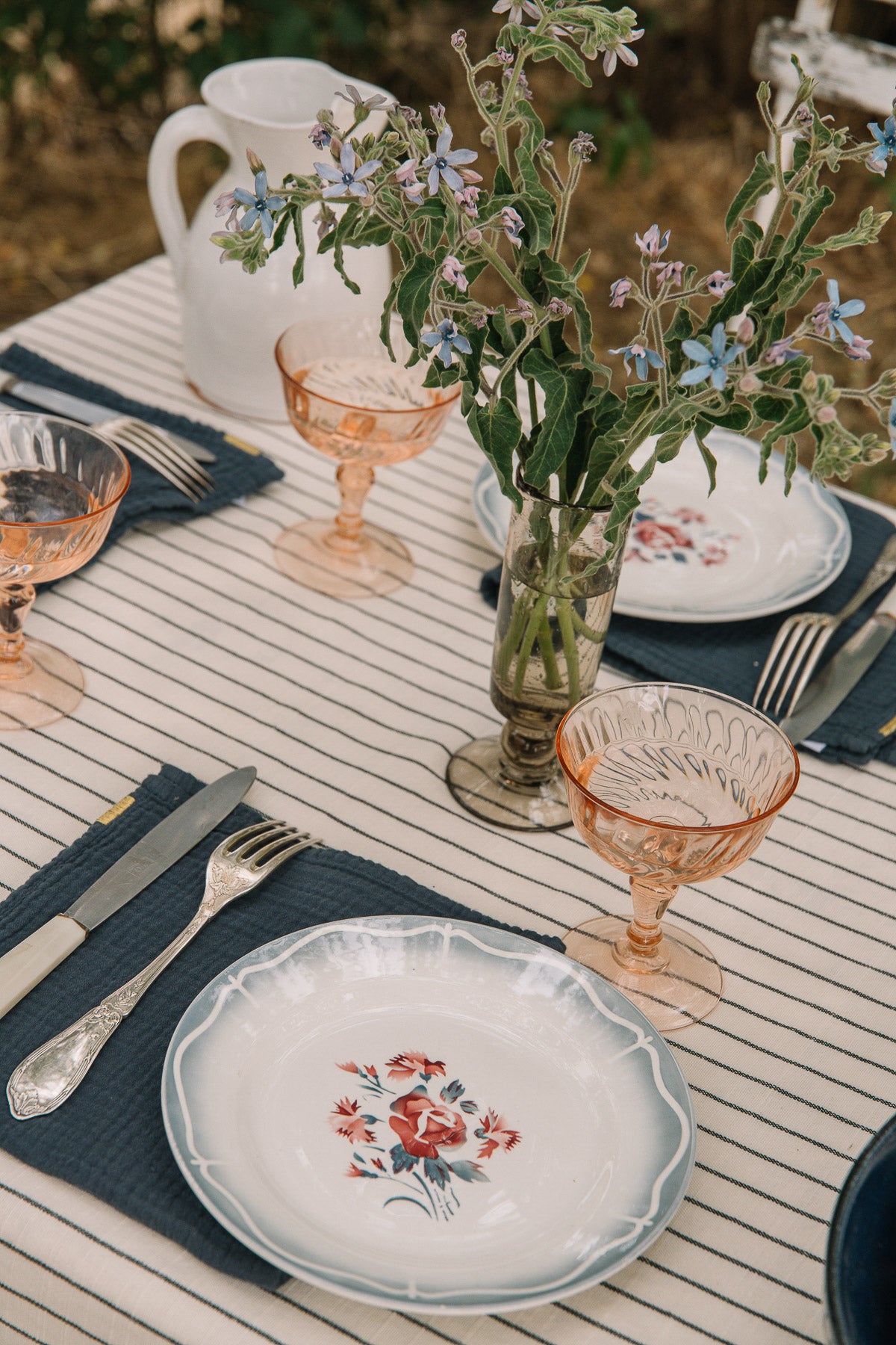 Natural striped tablecloth in slub cotton
