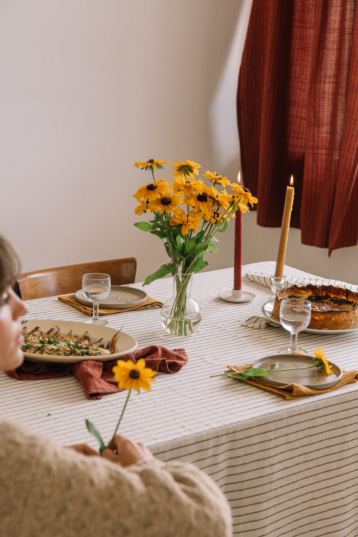 Nappe Écru à rayures en coton flammé