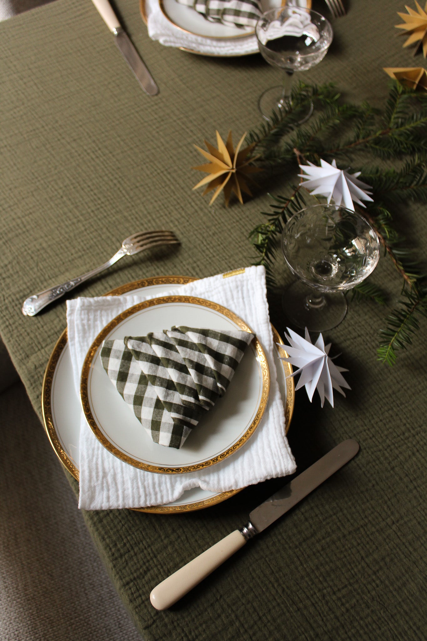 Serviettes de table vichy en lin et coton vert câpre (lot de 2)