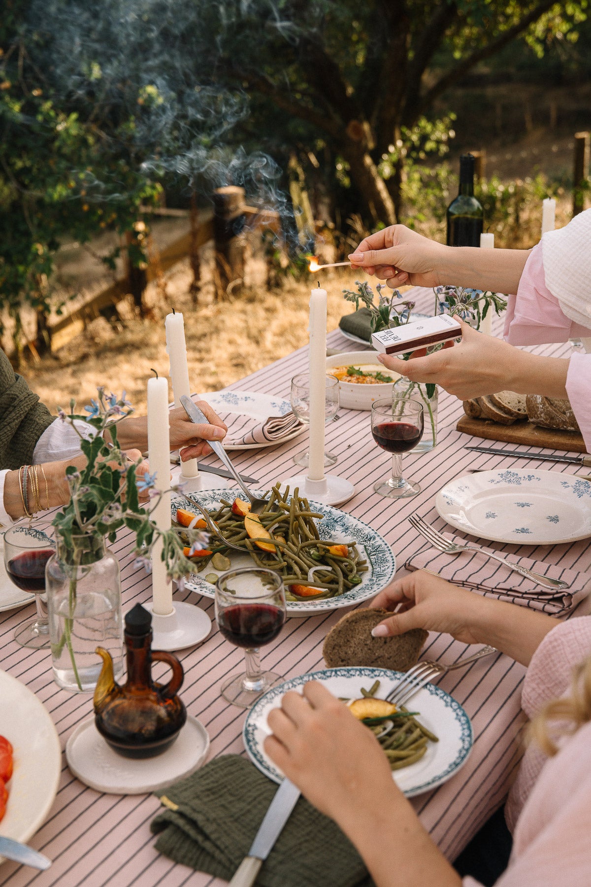 Delicate pink striped tablecloth in slub cotton