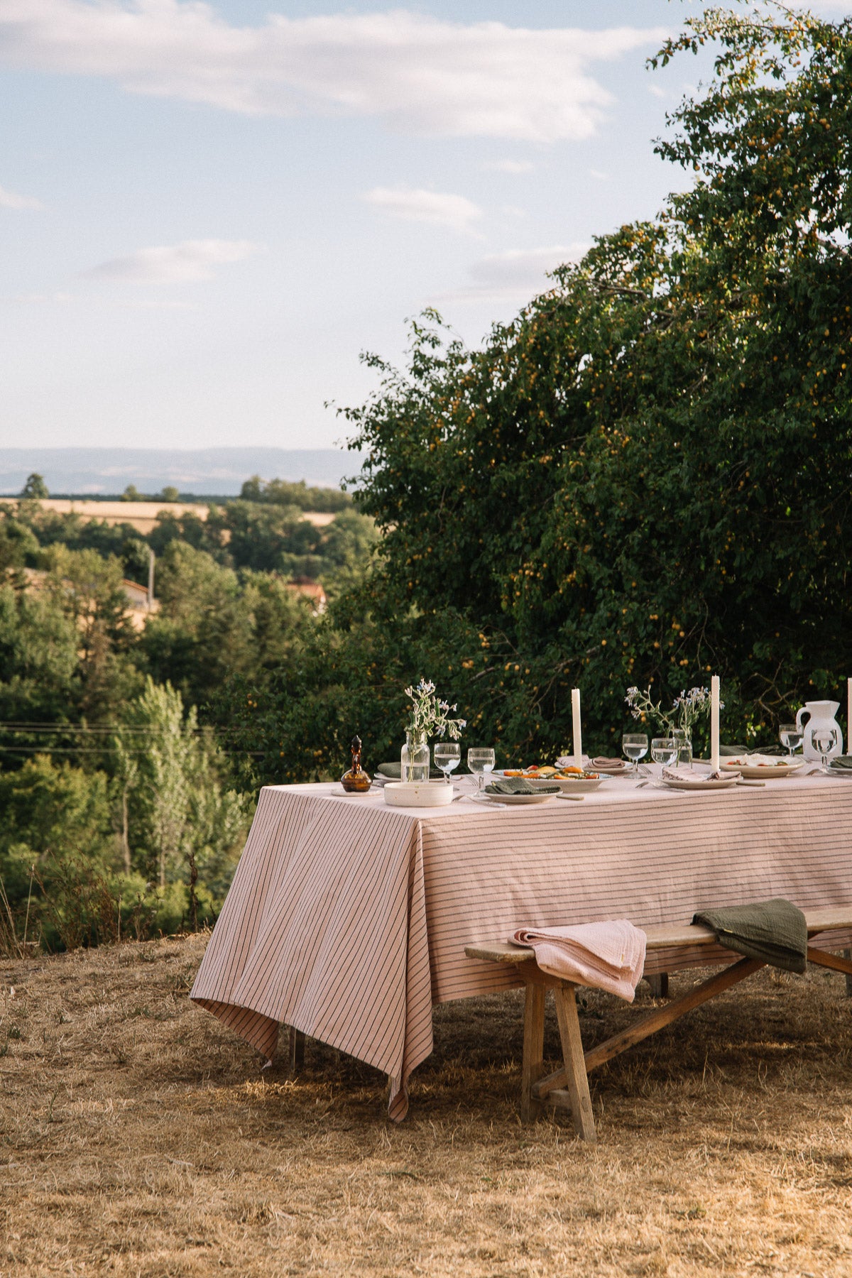 Delicate pink striped tablecloth in slub cotton