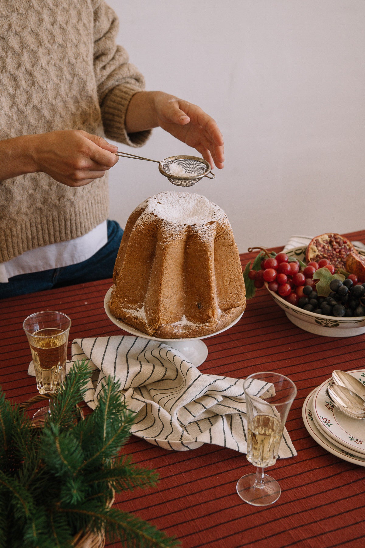 Rust red striped tablecloth in slub cotton