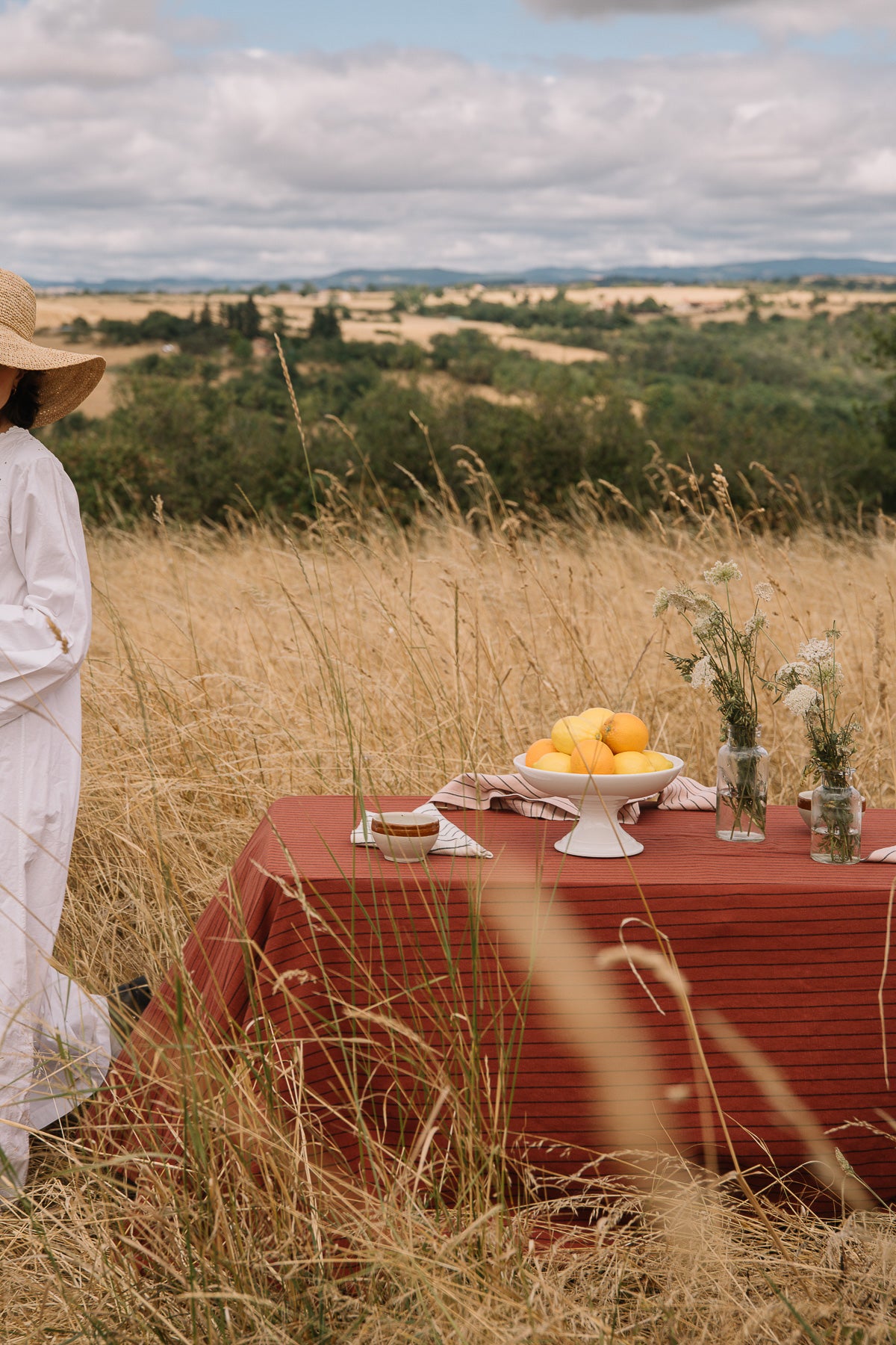 Rust red striped tablecloth in slub cotton