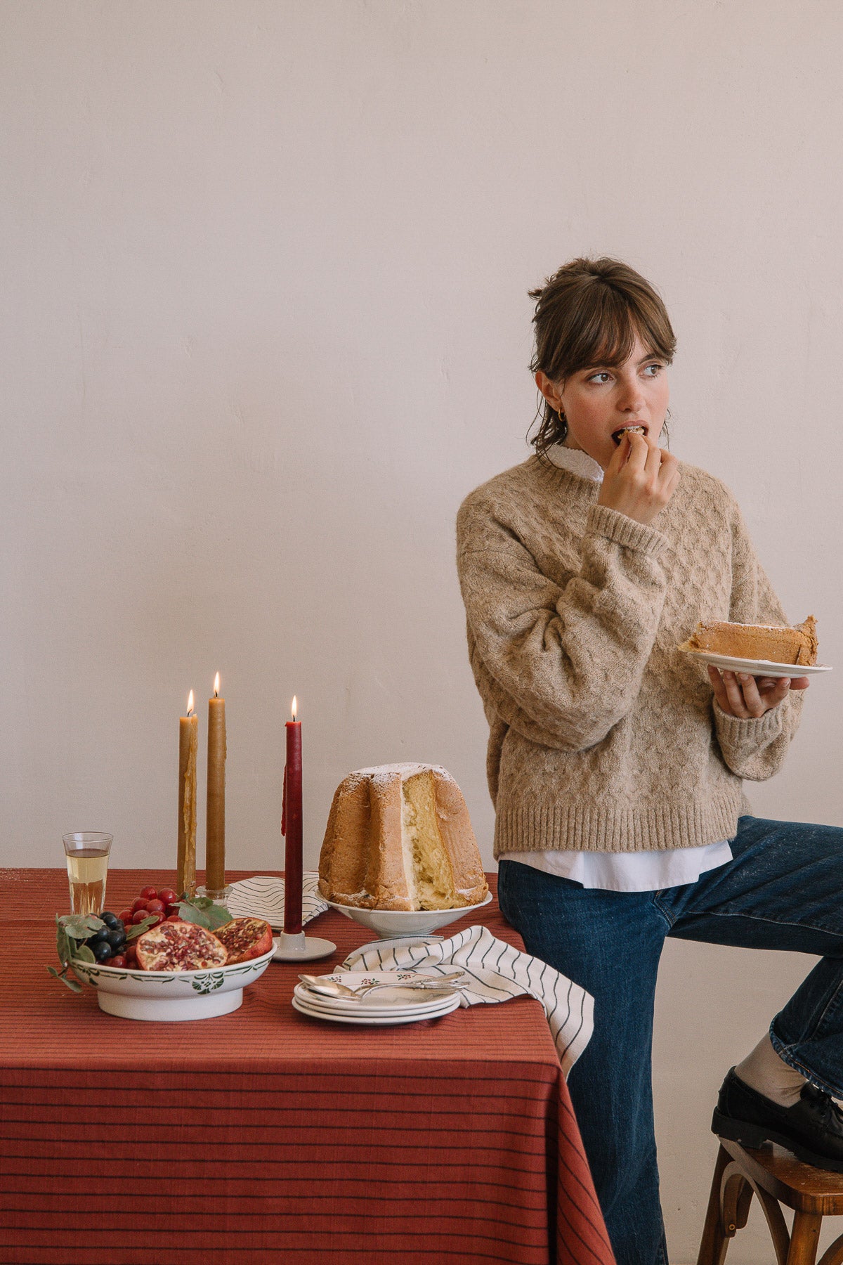 Rust red striped tablecloth in slub cotton