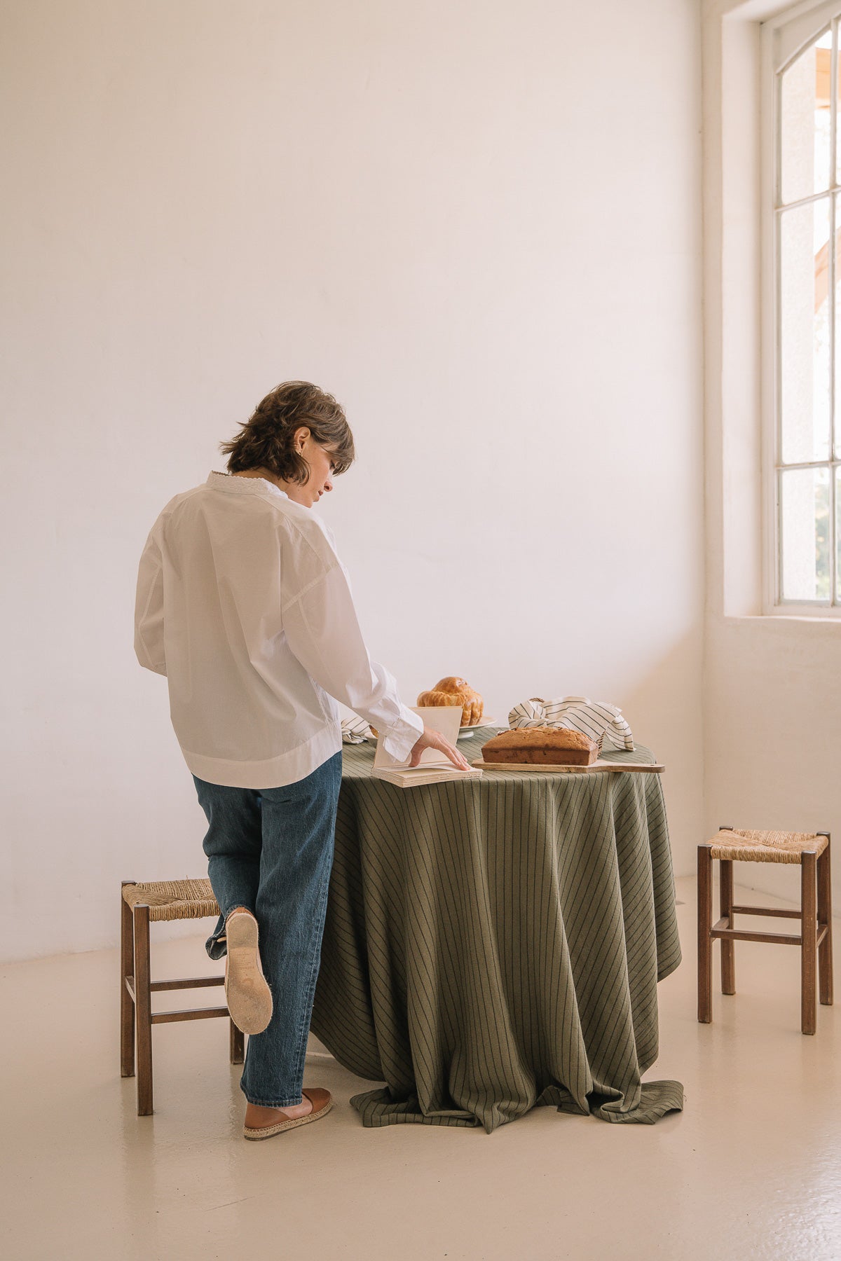 Nappe Vert câpre à rayures en coton flammé