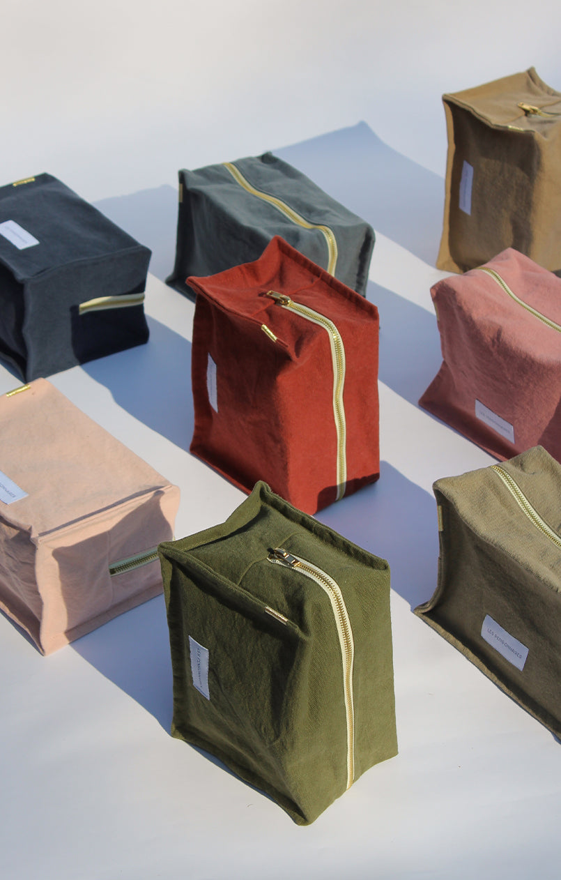 Caper green cube toiletry bag in thick organic cotton canvas