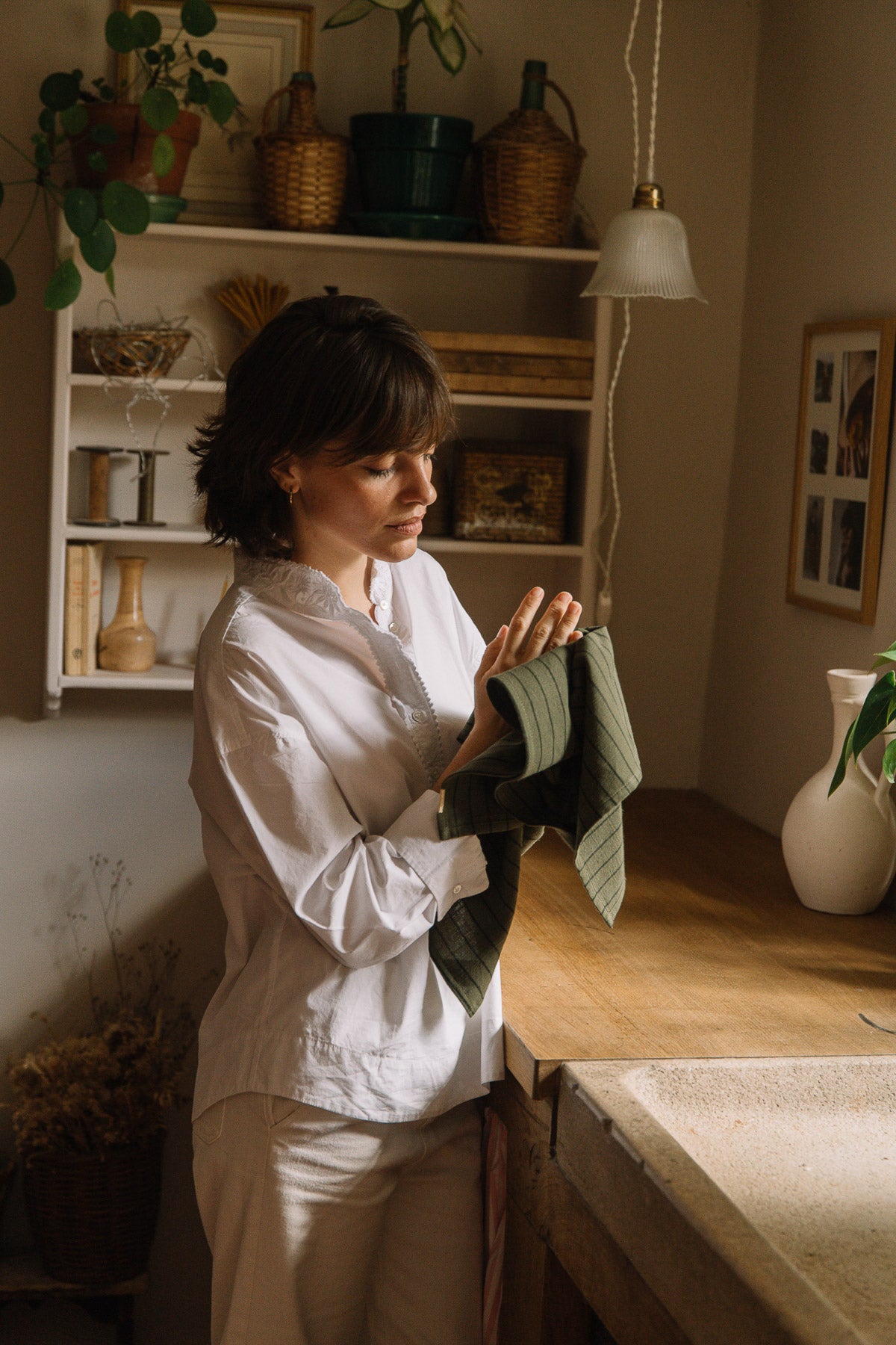 Caper green striped tea towel in slub cotton