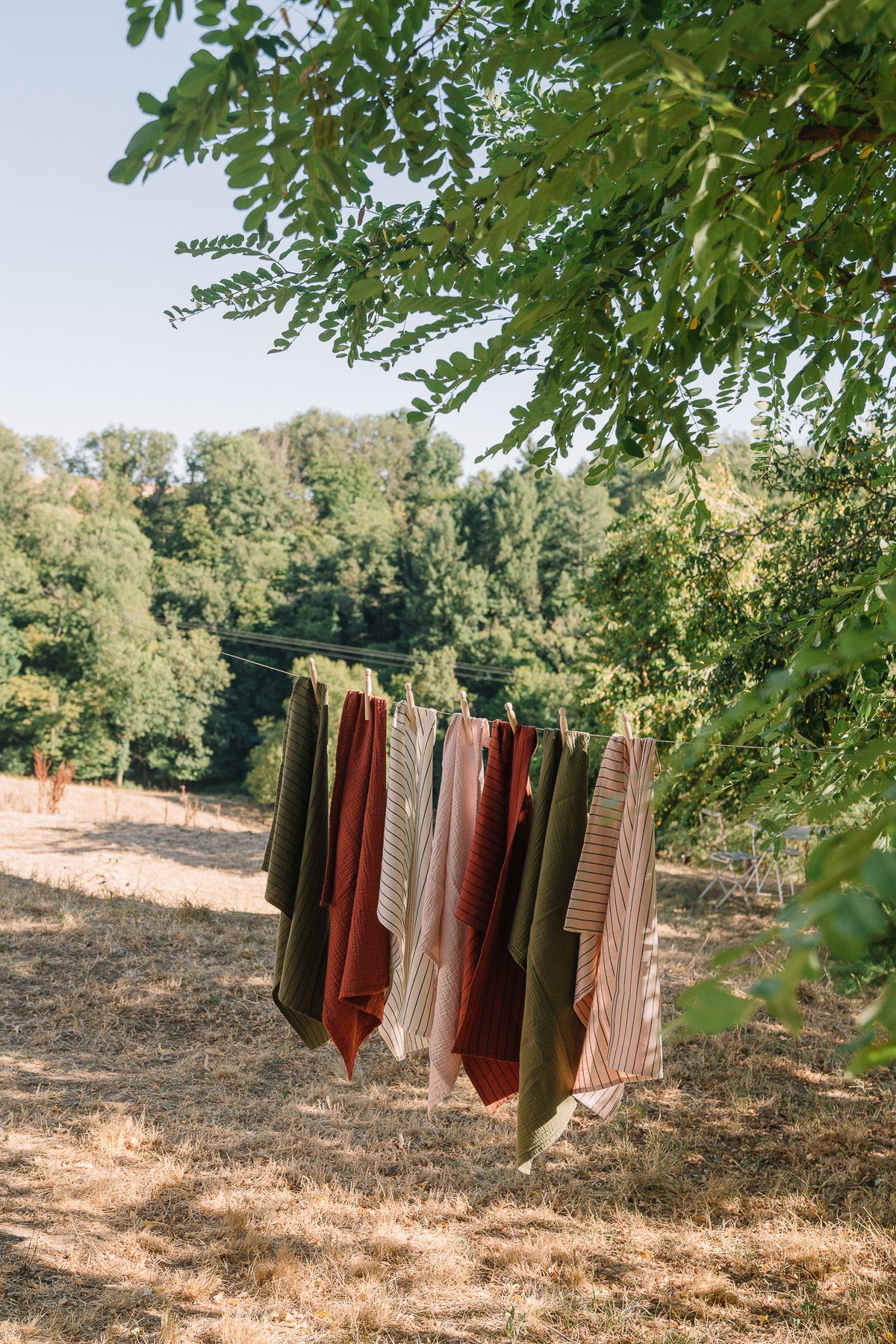 Rust red striped tea towel in slub cotton