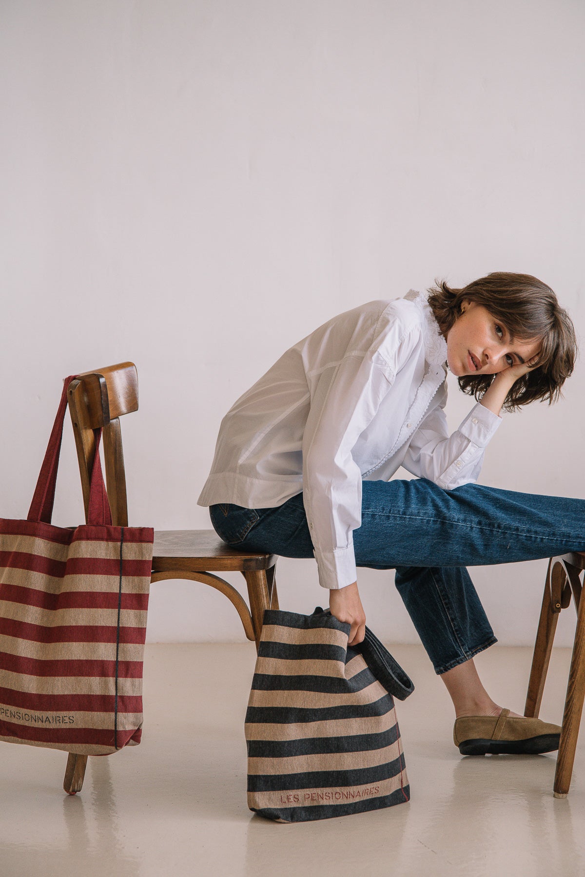 Tote bag rayé en fibres recyclées rouille et beige