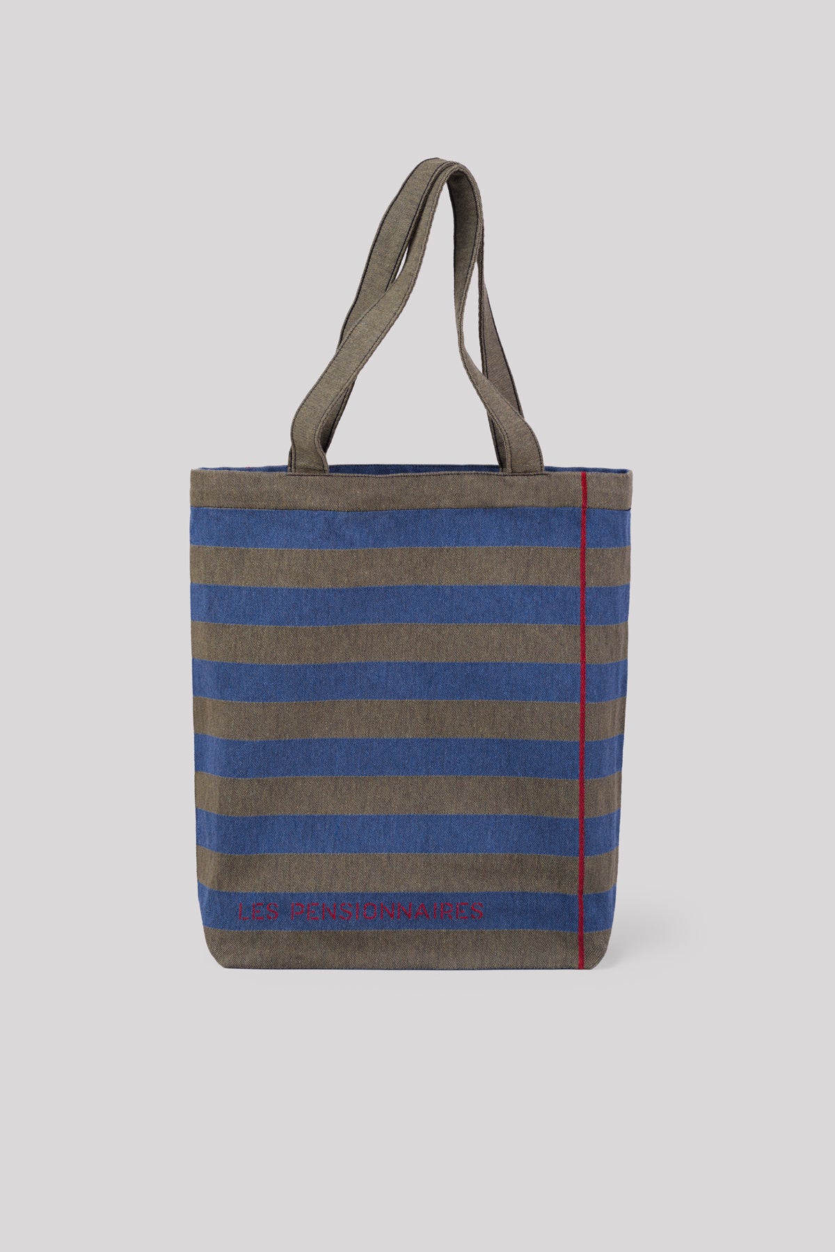 Green and blue striped tote bag made from recycled fibers