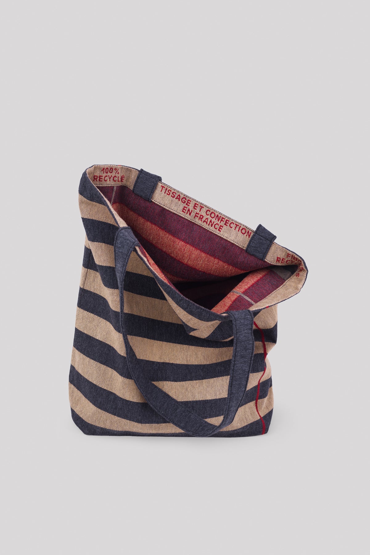 Tote bag rayé en fibres recyclées gris et beige