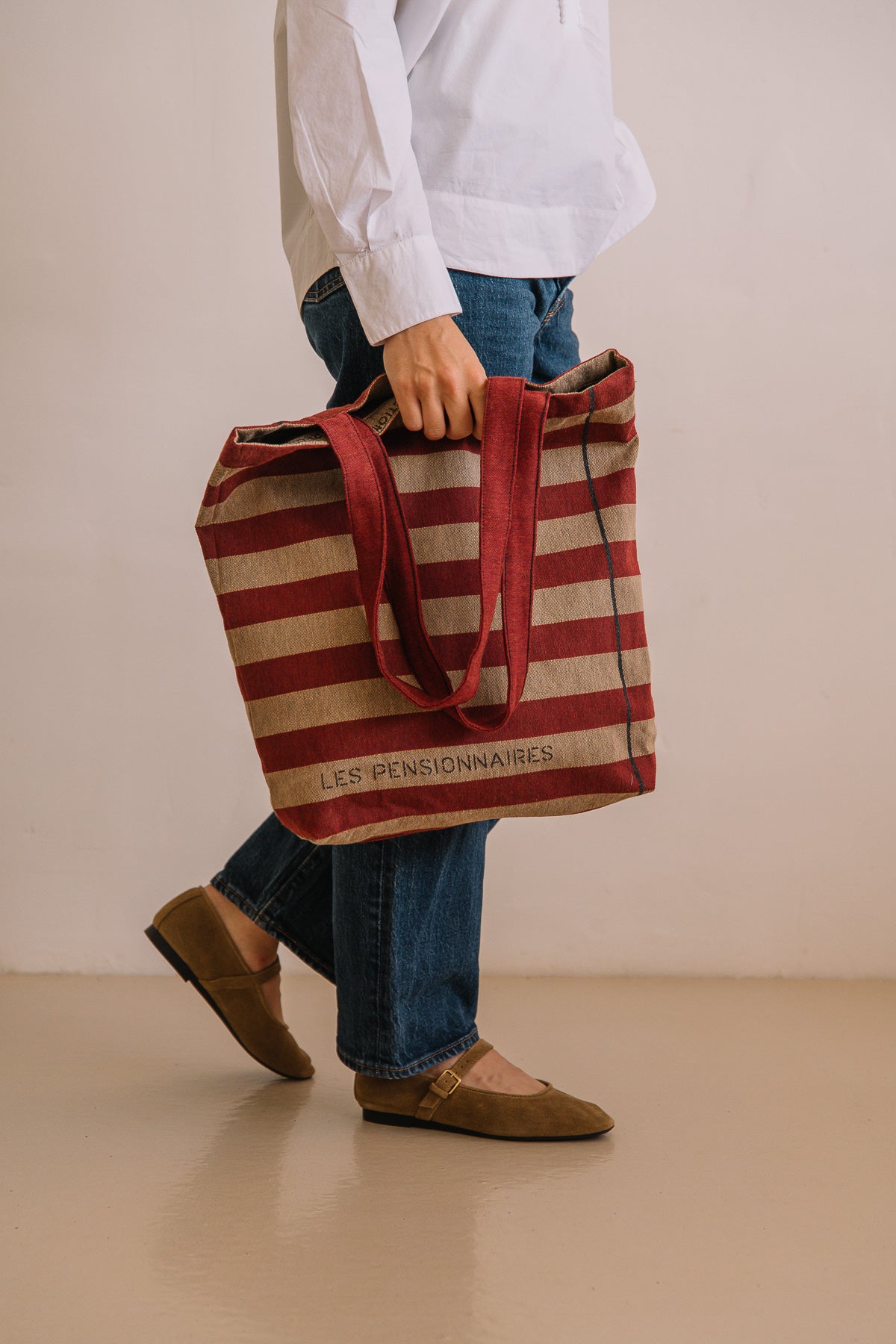 Tote bag rayé en fibres recyclées rouille et beige
