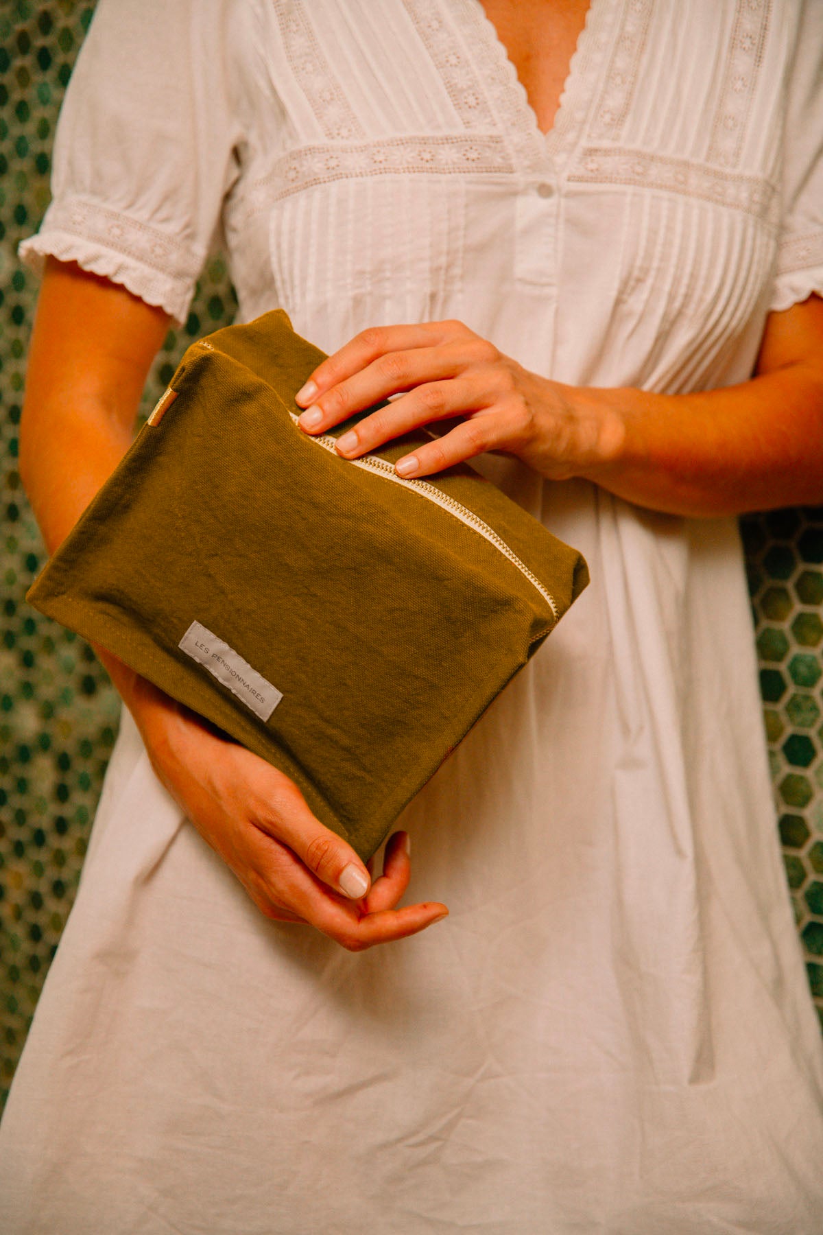 Bronze green cube toiletry bag in thick organic cotton canvas