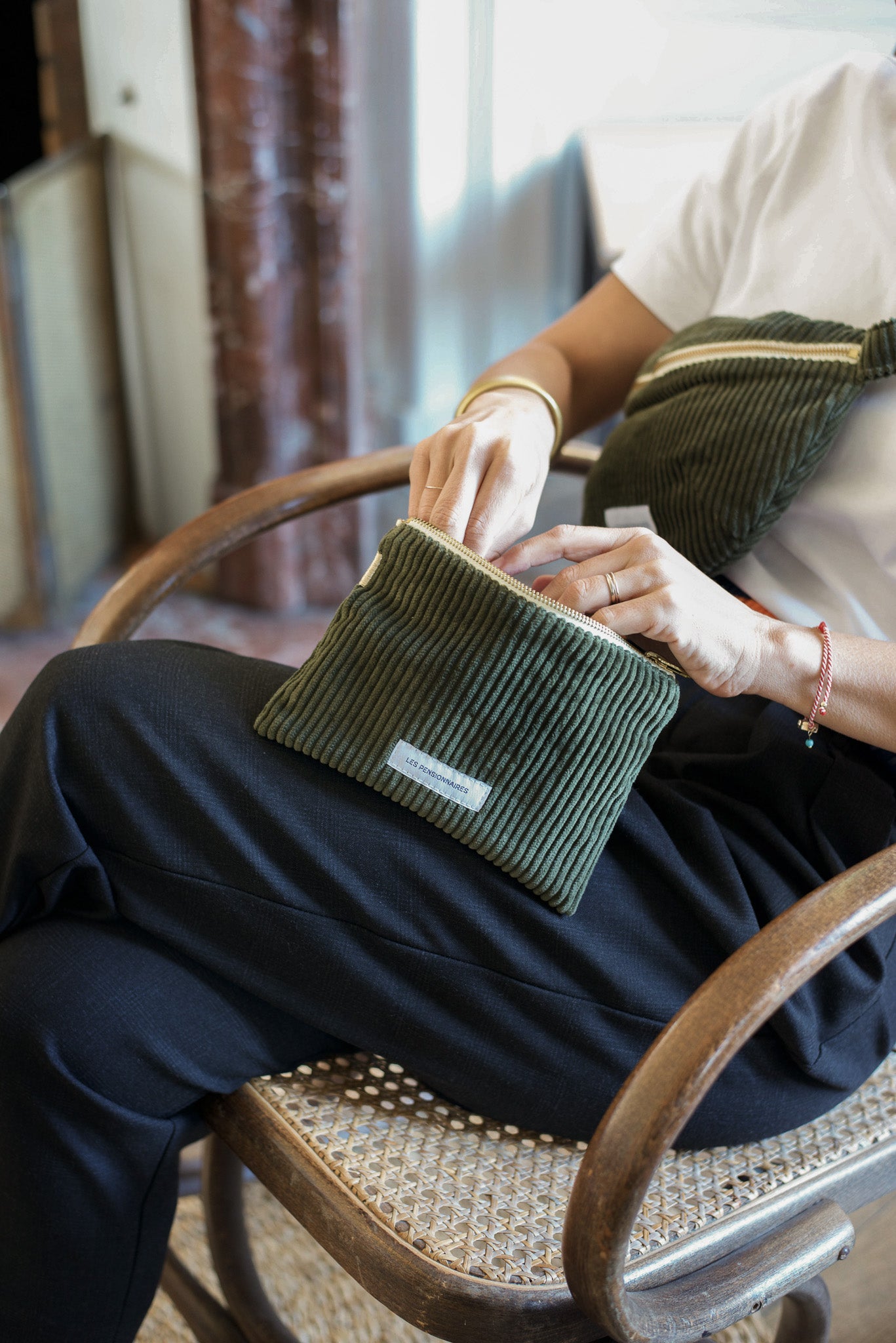 Small Caper green corduroy pouch Les Pensionnaires