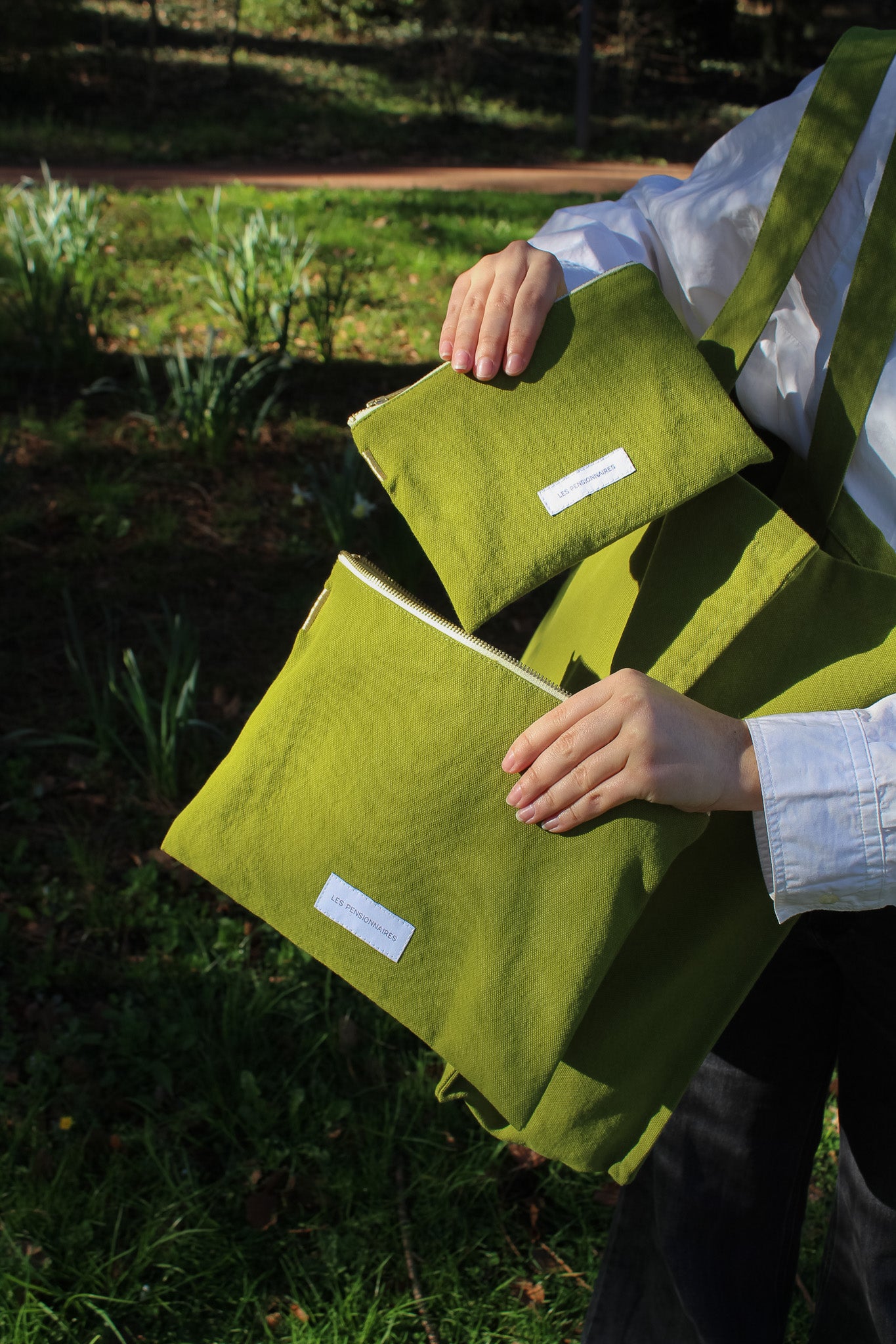 Grande pochette en toile de coton bio vert mousse