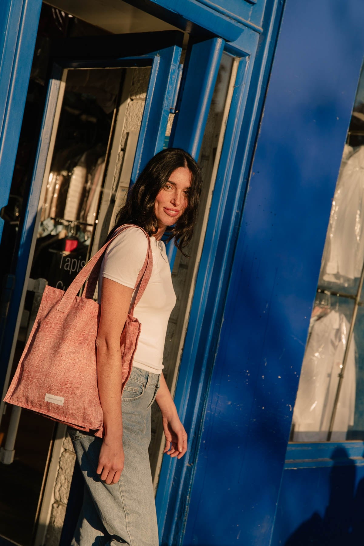 Zipped bag in organic cotton canvas Quadrillé Rouille