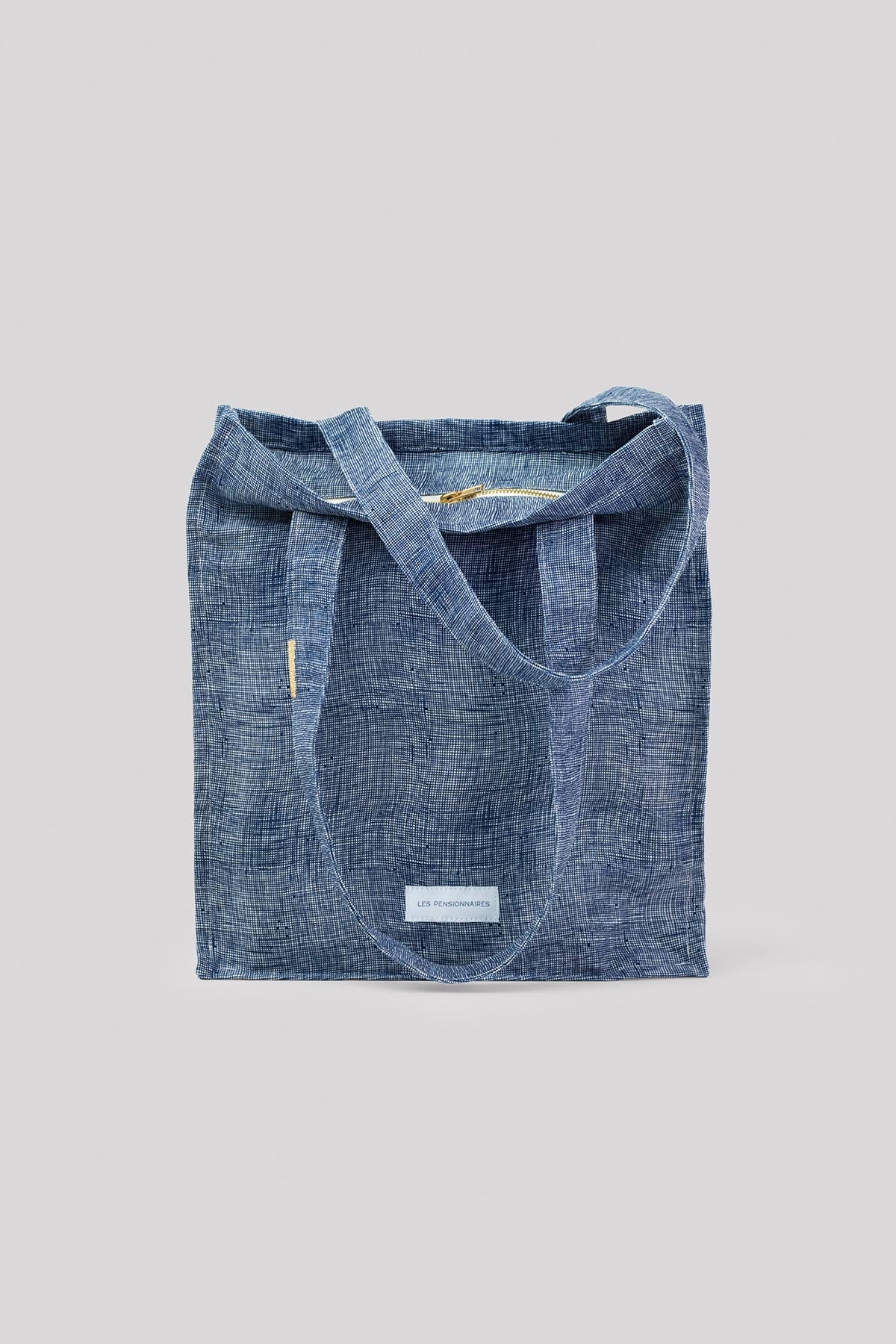 Zippered bag in organic cotton canvas Grid Storm blue