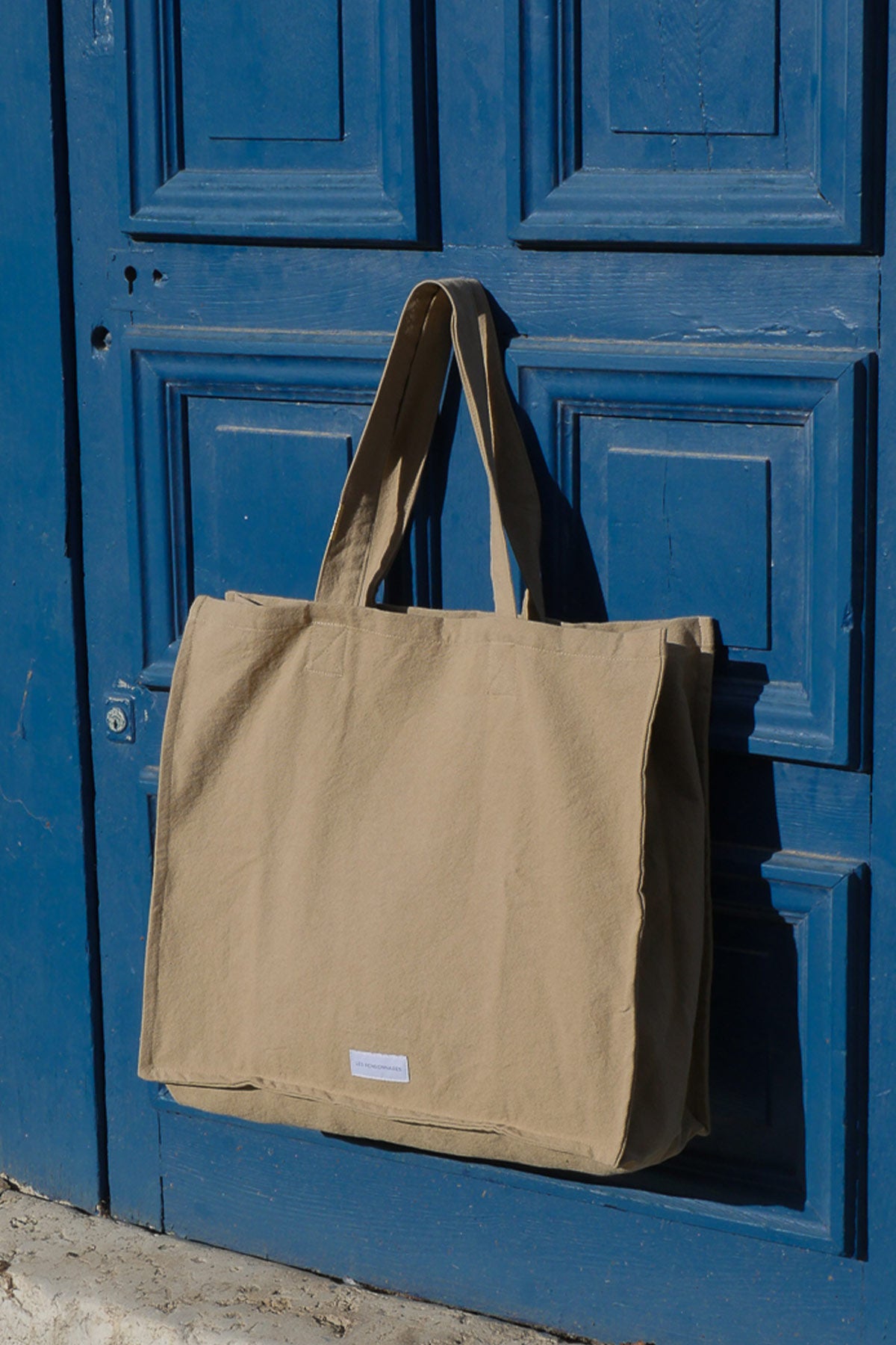 Large sand beige tote bag in thick organic cotton canvas