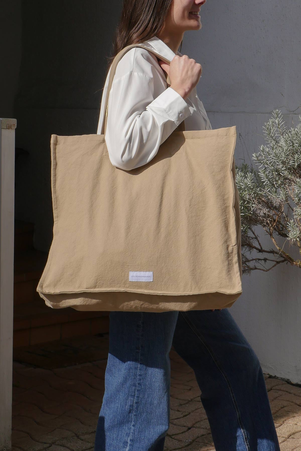 Large sand beige tote bag in thick organic cotton canvas