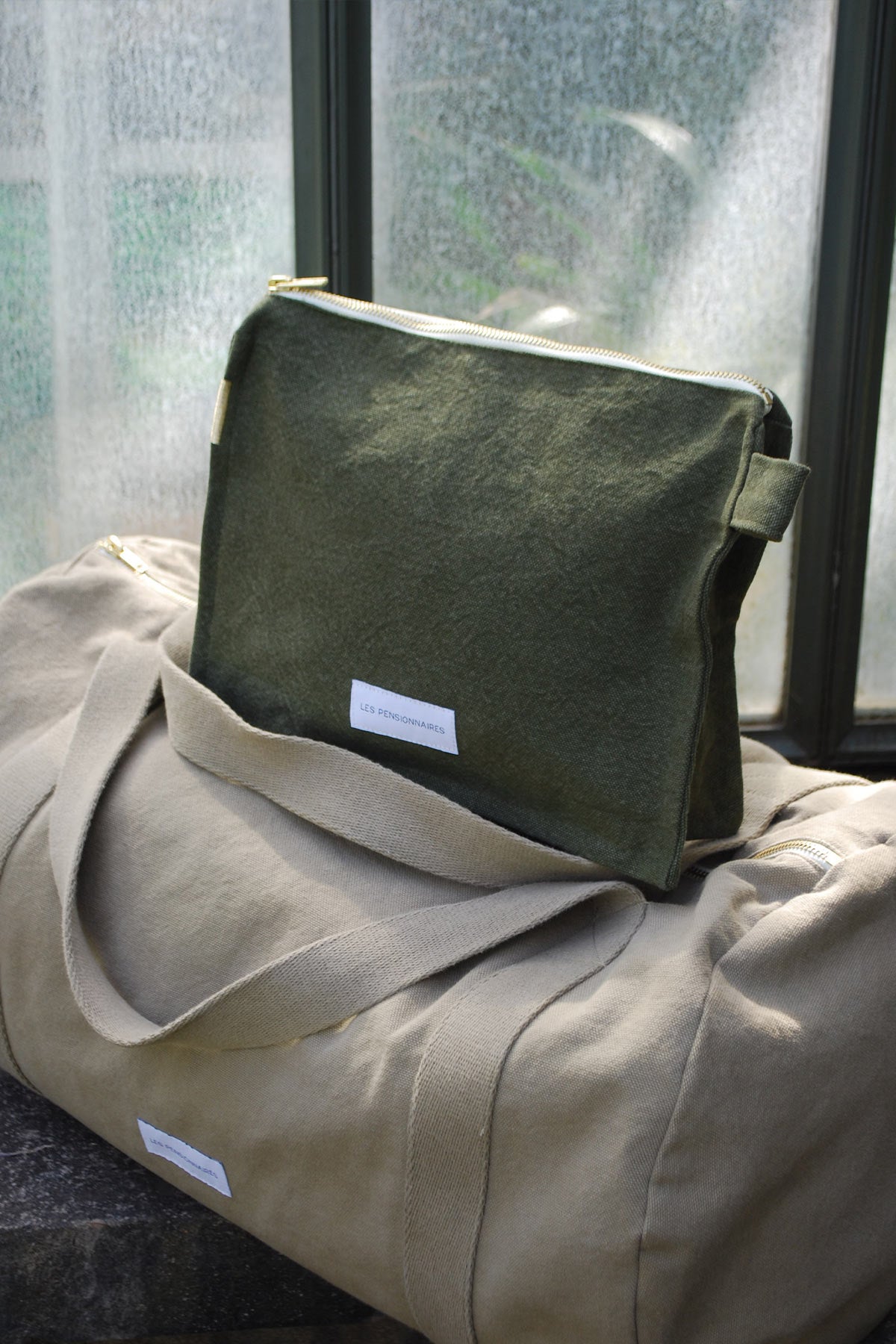 Caper green toiletry bag in thick organic cotton canvas