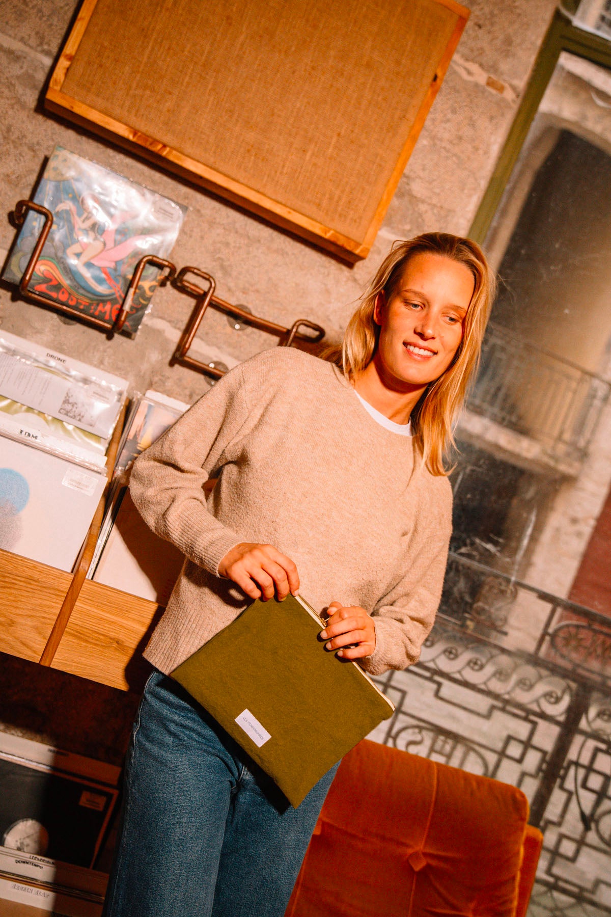 Bronze green organic cotton canvas large pouch