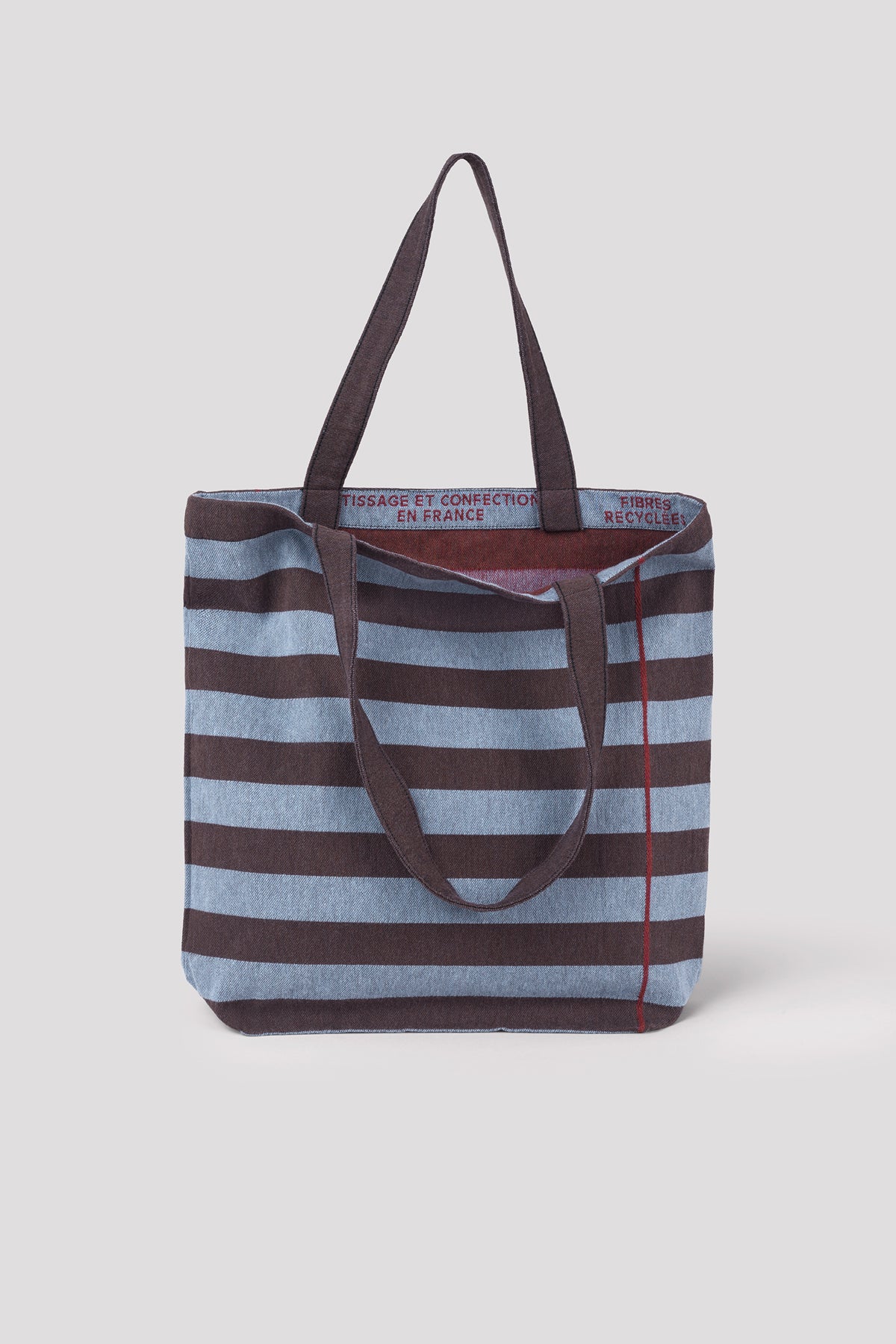 Tote bag rayé en fibres recyclées bleu et marron