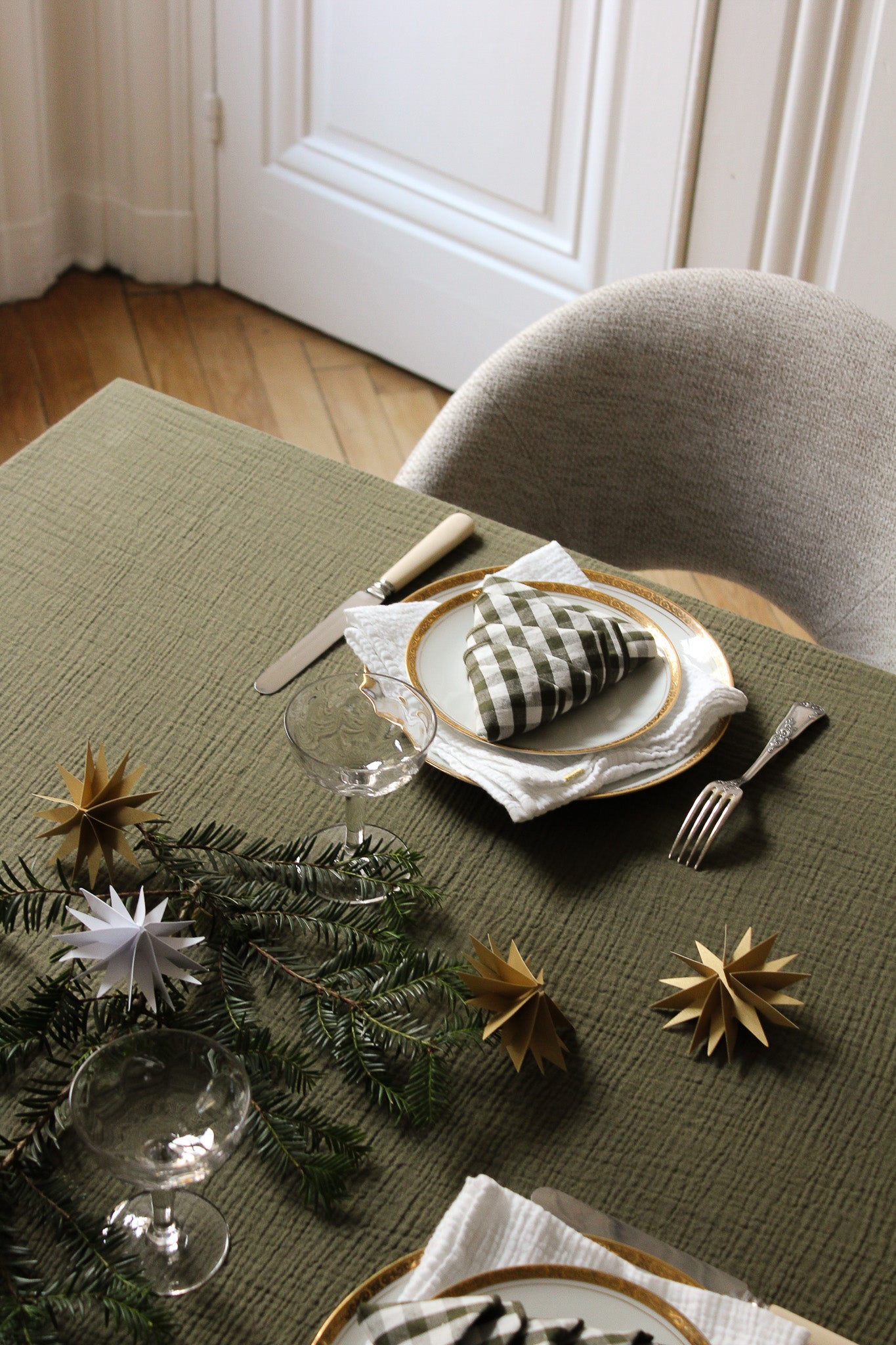 Nappe en double gaze de coton vert câpre