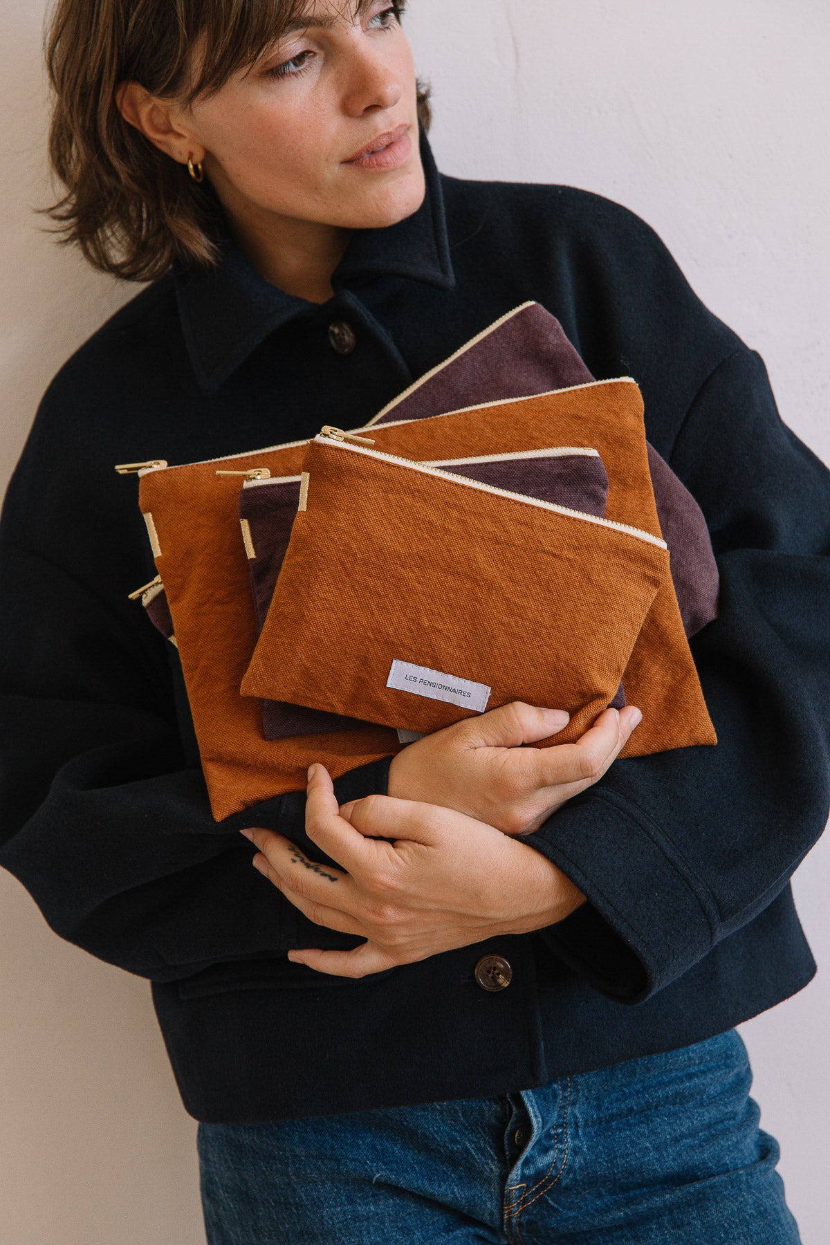 Grande pochette en toile de coton bio marron caramel
