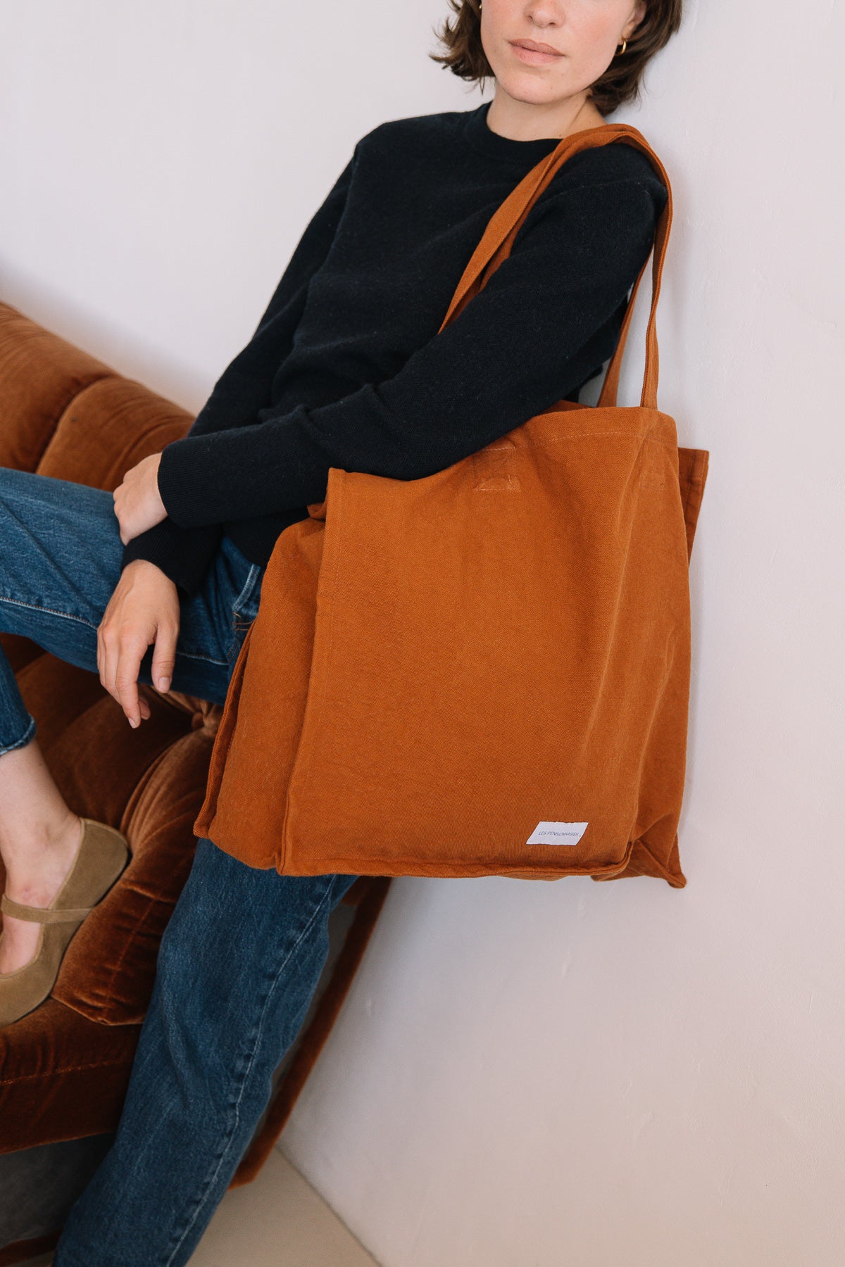 Grand cabas marron caramel en épaisse toile de coton bio