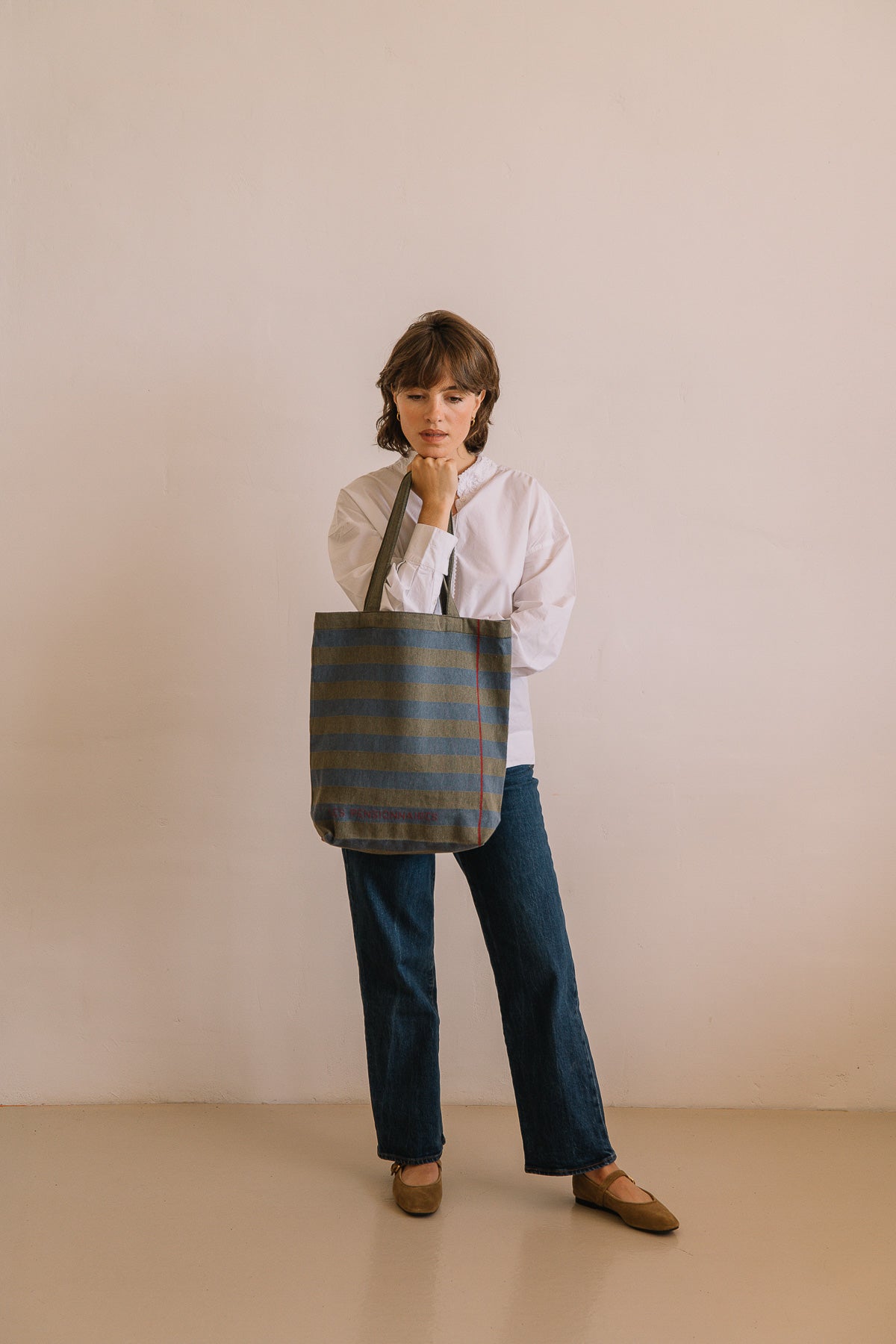 Tote bag rayé en fibres recyclées vert et bleu