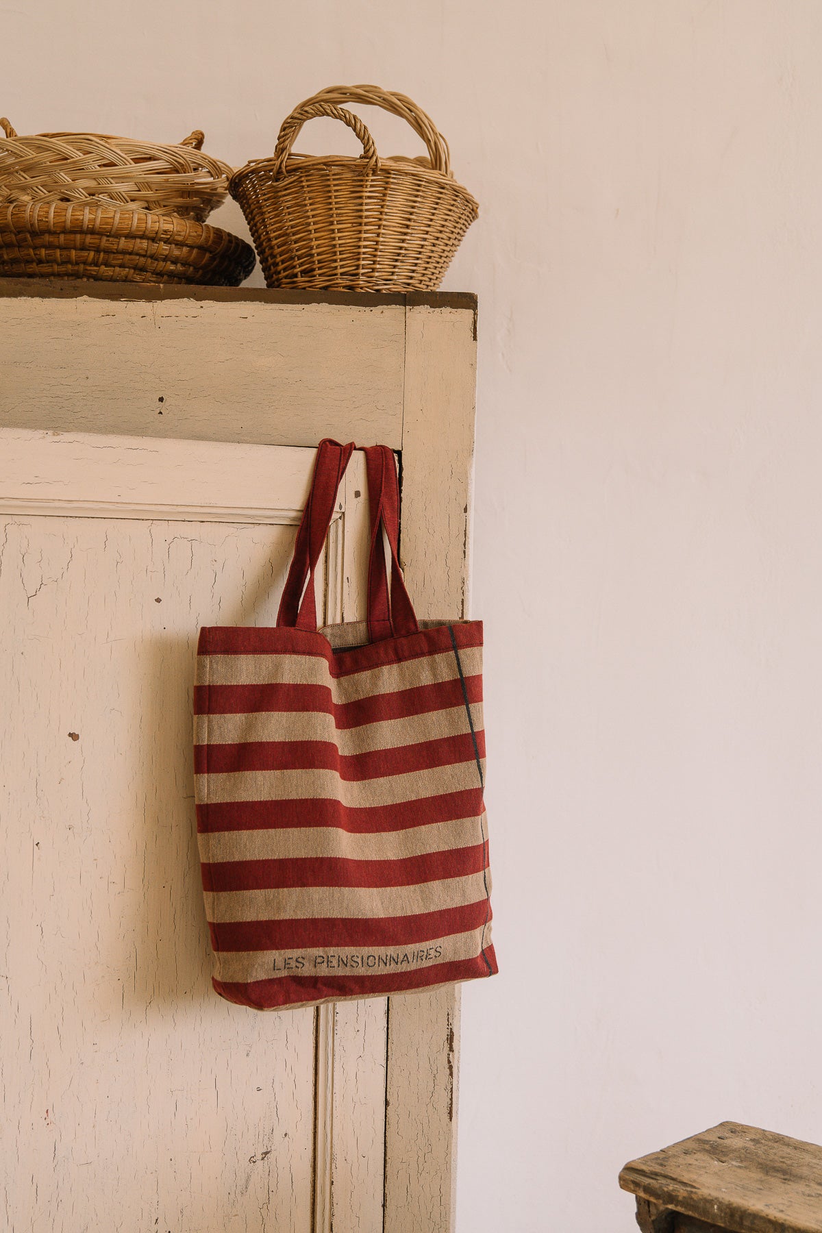 Tote bag rayé en fibres recyclées rouille et beige