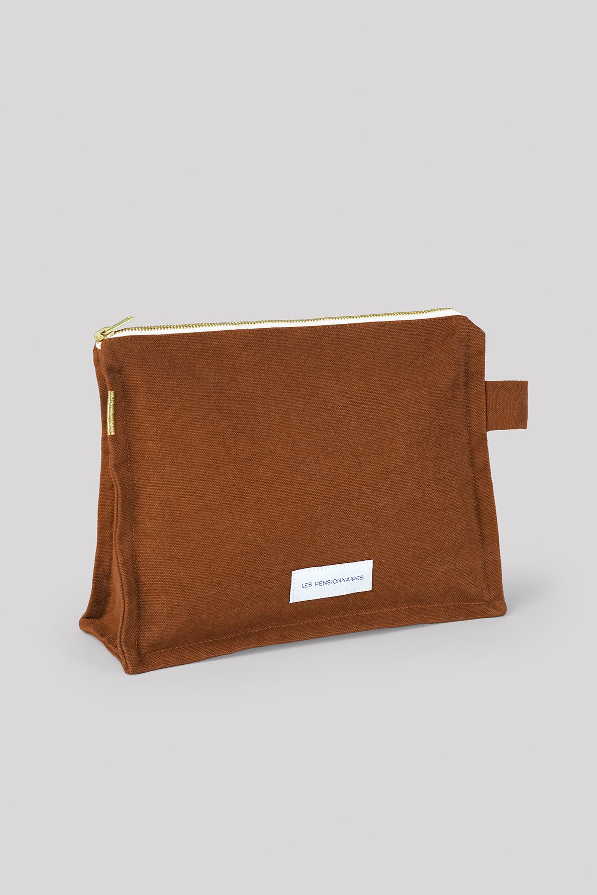 Trousse de toilette marron caramel en épaisse toile de coton bio