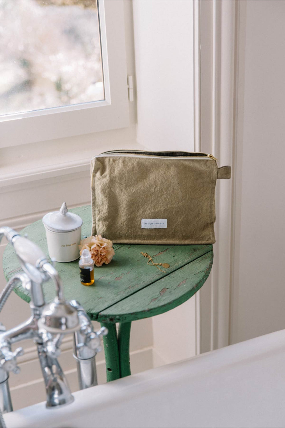 Sand beige toiletry bag in thick organic cotton canvas